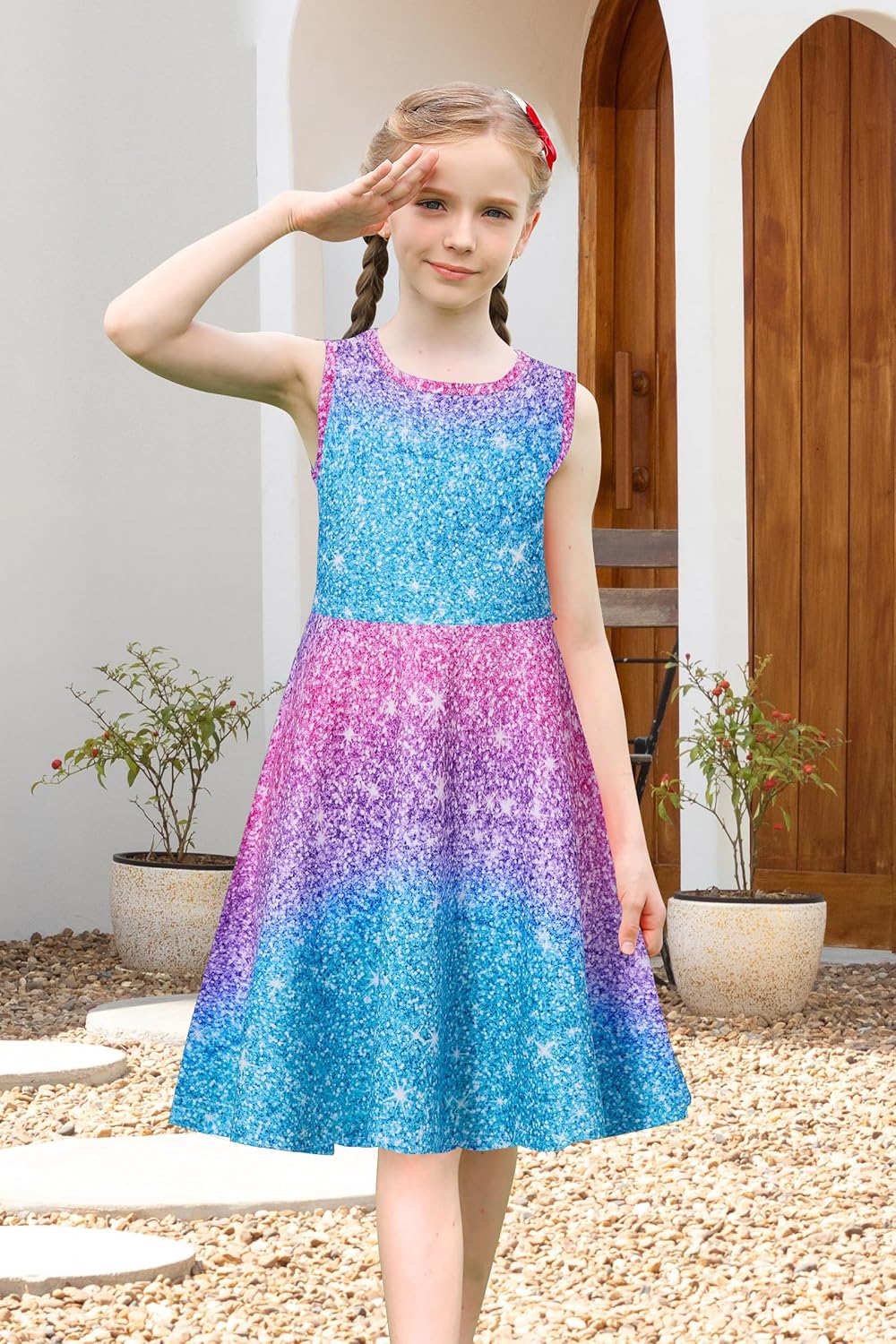 Girls Sleeveless Dress Round Neck Floral