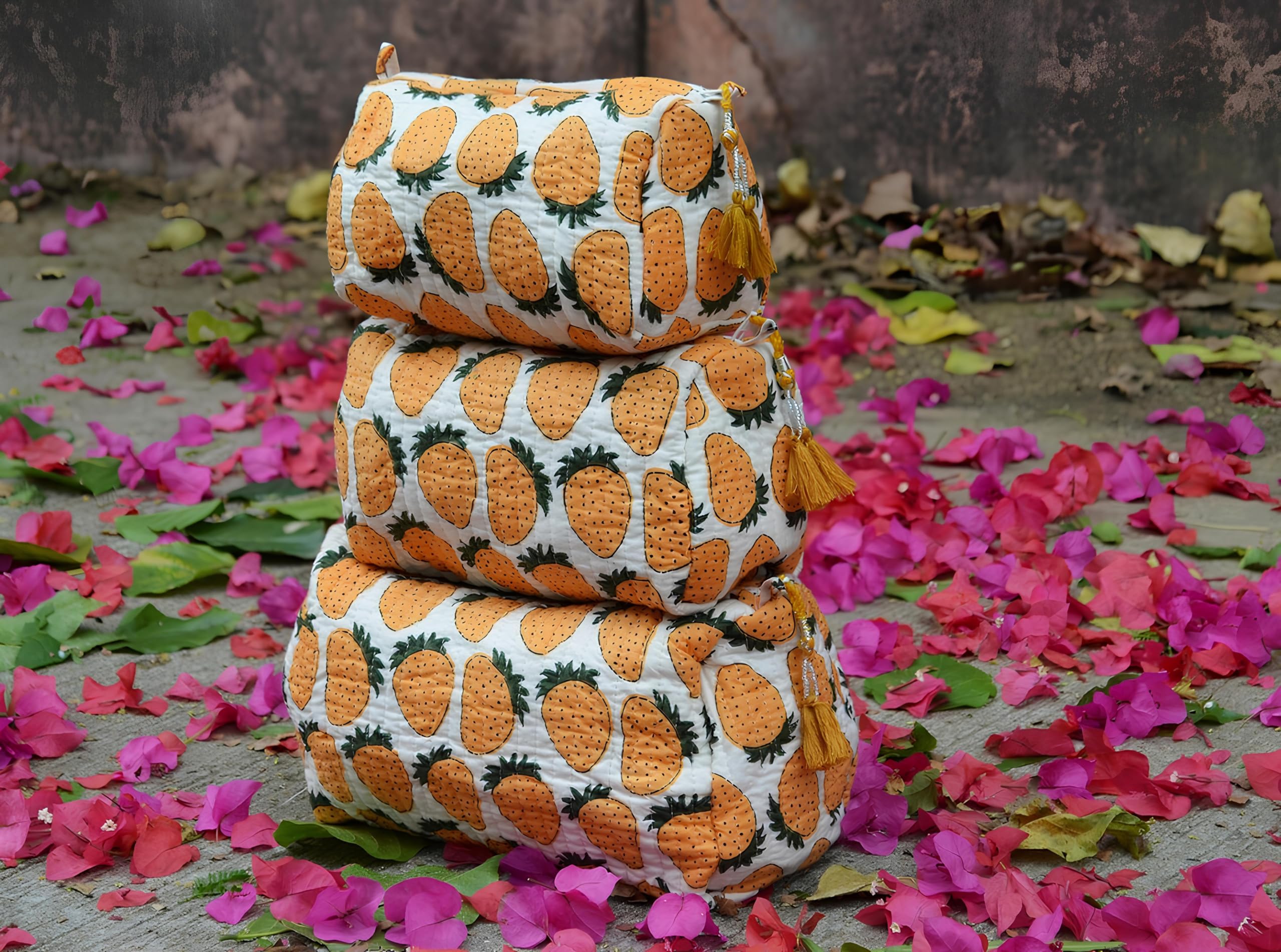 INDACORIFY Juego de 3 Piezas 100% algodón Acolchado Bloque Impreso Bolsa de Lavado Hecho a Mano Bolsa de Aseo cosmético Impermeable Bolsas de Accesorios de Viaje