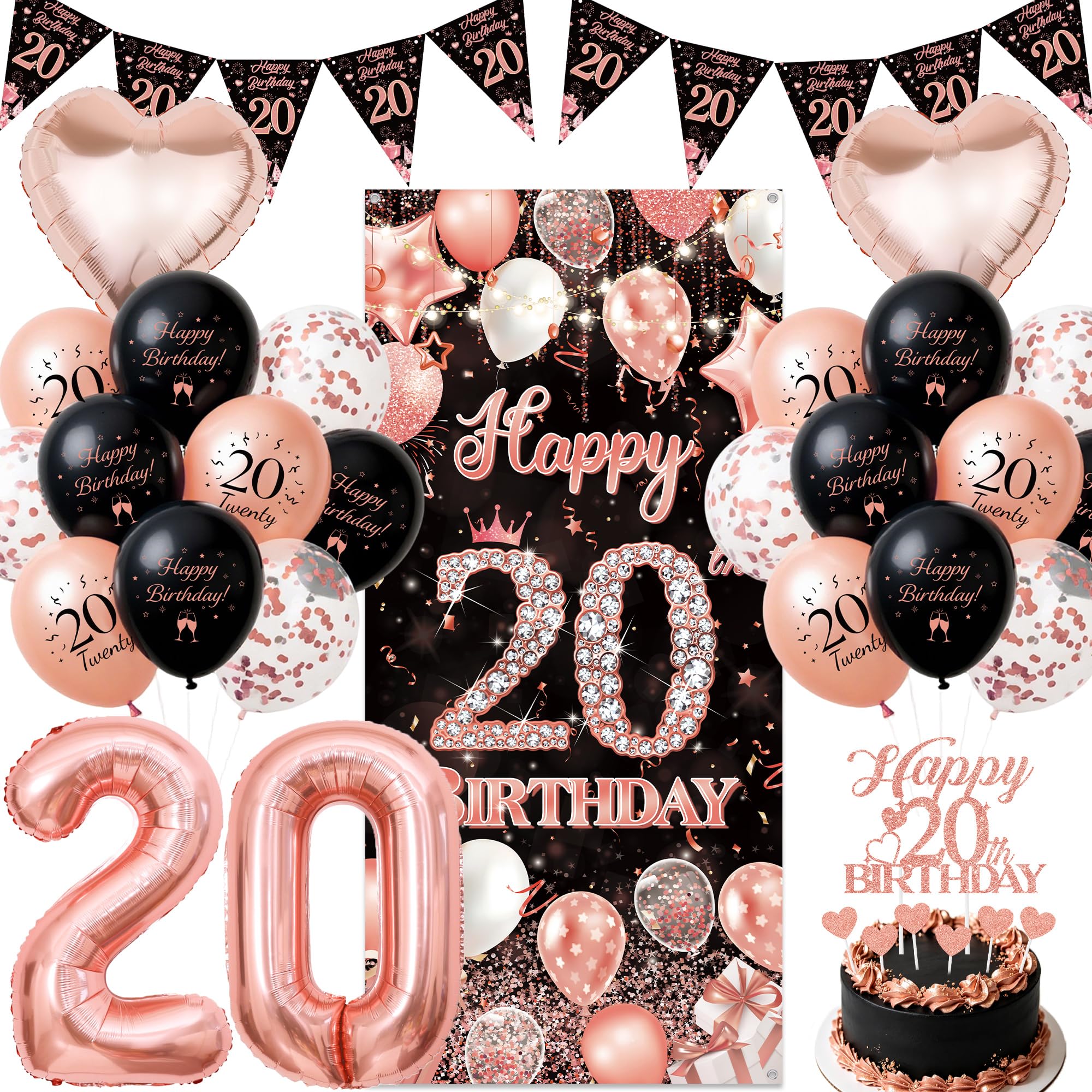 20th Birthday Banner Decorations for Her - Black Rose Gold Happy 20th Birthday Banner Heart Balloons Triangle Bunting, Number 20 Balloon Fabric Door Backdrop Twenty Years Old Party Decorations
