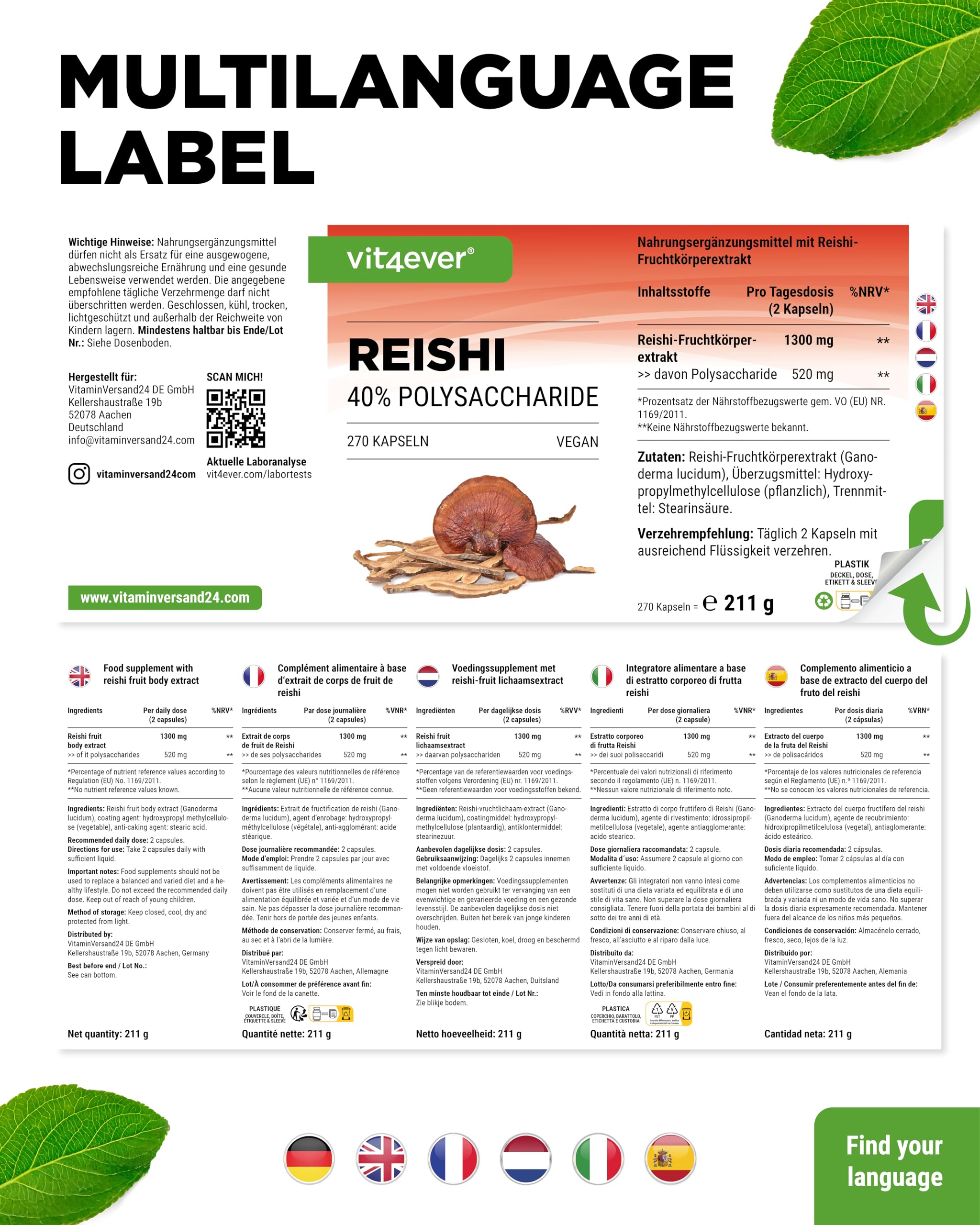 vit4ever Reishi Pilz - 270 vegane Kapseln mit 1300 mg Extrakt pro Tagesdosis - 40 % Polysaccharide - Ganoderma lucidum - hochdosiert, ohne unnötige Zusätze, vegan