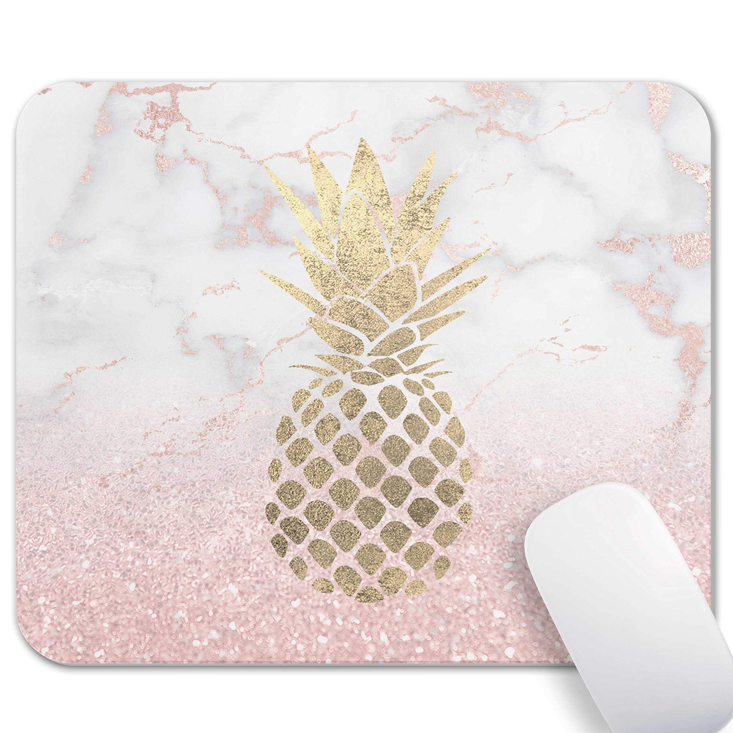 Mechanical Cattle Gaming Mouse Pad - White Pink Marble Rose Gold Pineapple Mouse Pads, Anti-Slip Rubber Base and Waterproof Surface, Mouse Mat Mousepad for Computer, Laptop, Office, Home - Square