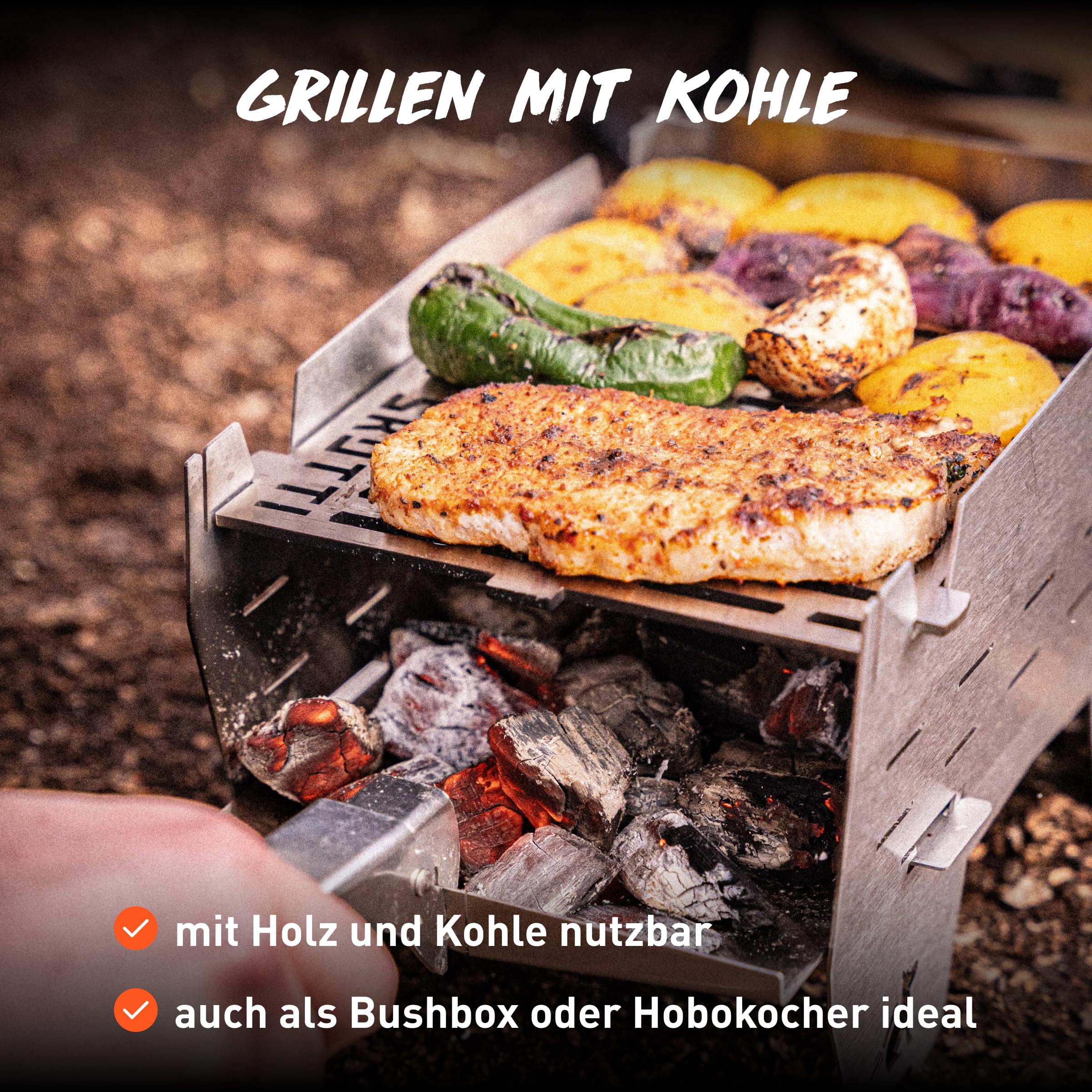 SKOTTI Mini, Holzkohlegrill, Campinggrill Holzkohle klappbar, Ideal für Camping, Balkon, Festivals oder Survival, Campingkocher für Holz, als Hobo Kocher und Survival Kocher nutzbar Solo Camping Stove