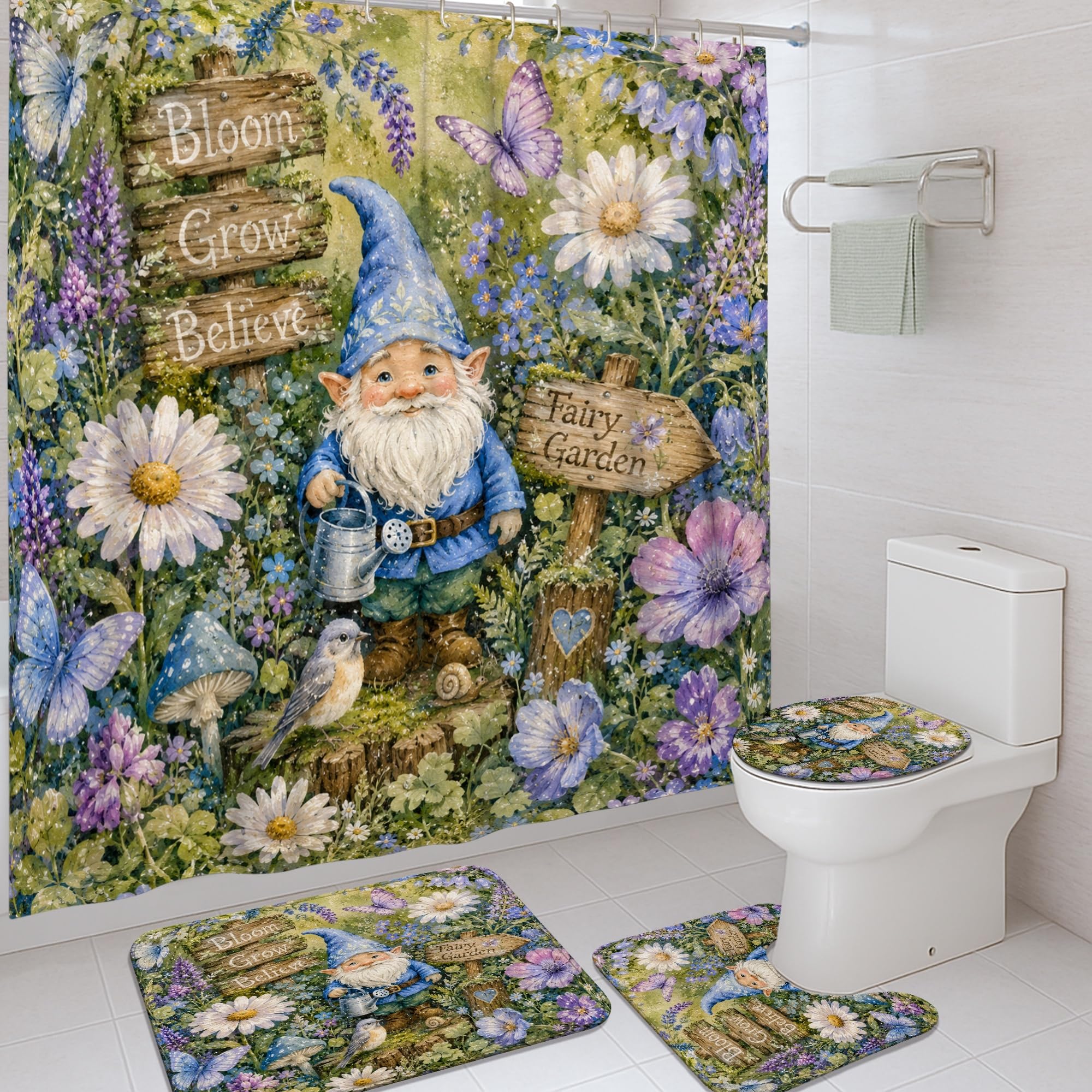 Rideau de douche tissu imperméable 183x183 motif nain de jardin et papillon chrysanthème vert