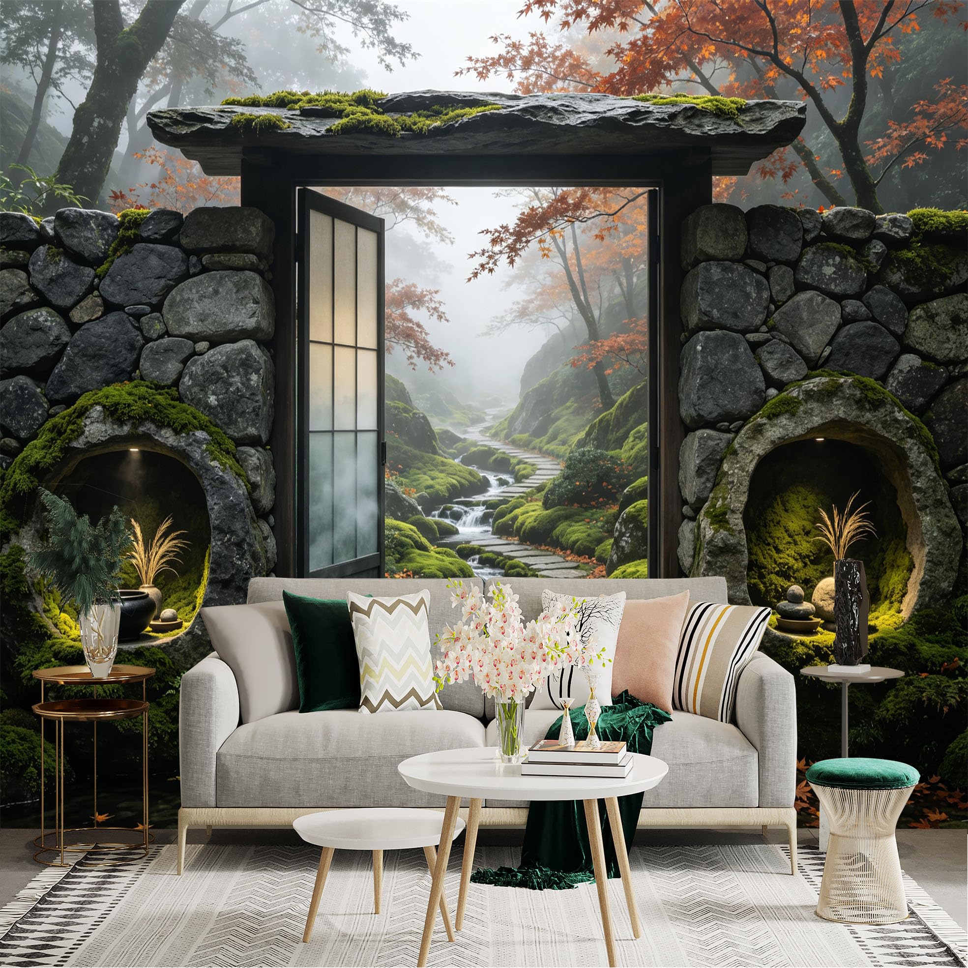 Lnzczhyre Bh260719048 Custom Size Wall Sticker Mural， Japanese Zen Garden， Tranquil Stone Path， Autumn Maple Forest， Misty Stream， For Wall Decoration， Peelandstick Wall Decals.