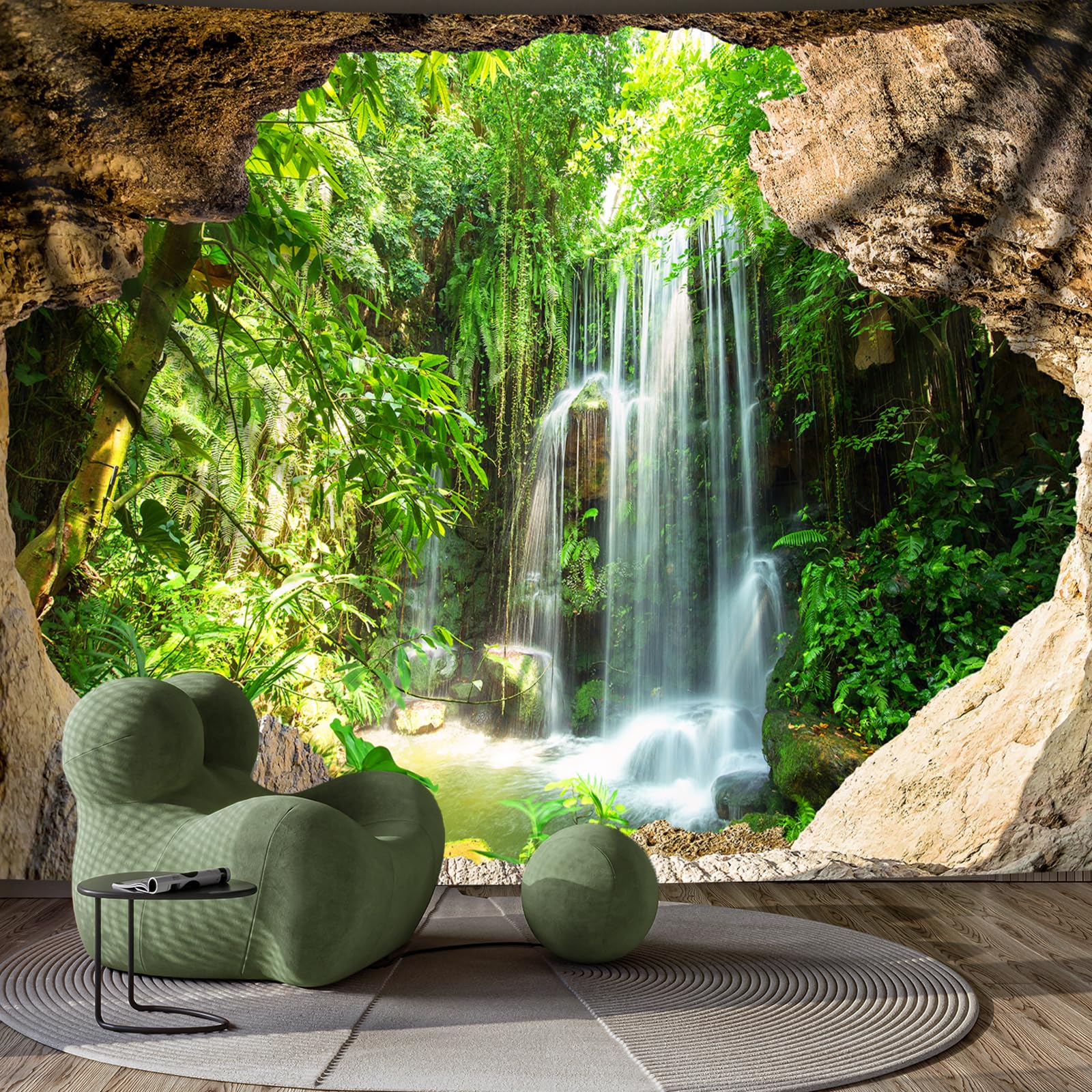 WIERAEM Wald Wandteppich Natur Wasserfall Wasser Wandtuch Groß GrüN Höhle Landschaft Wandbehang Geeignet für Wohnzimmer Schlafzimmer und Arbeitszimmer Dekoration L 300 X H 180cm