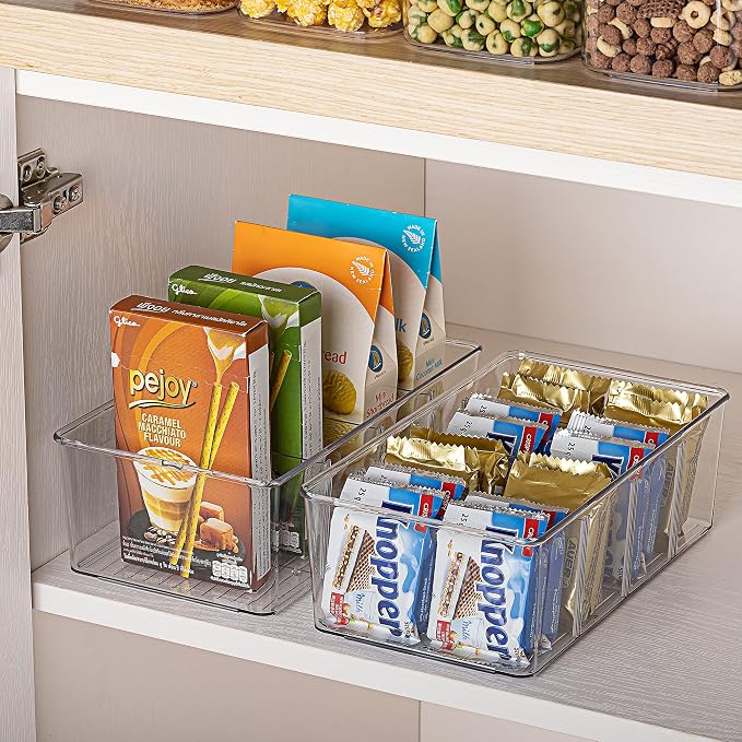 Vtopmart 6 Pack Food Storage Organizer Bins, Clear Plastic Bins for Pantry, Kitchen, Fridge, Cabinet Organization and Storage, 4 Compartment Holder Packets, Snacks, Pouches, Spice Packets