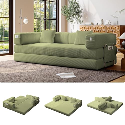 5-in-1 Folding Convertible Sofa Bed, Loveseat Sleeper with Pull-Out Bed, Floor Sofa Modular Futon Couch, 79" Oversized Corduroy Upholstered Boneless Couch for Living Room, Bedroom, Lounge, A-Green - Upgraded Double Sofa - Light Green