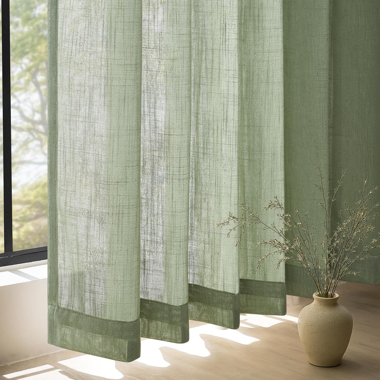 Topfinel Leinen Gardinen Vorhänge mit Kräuselband Voile Vorhang Halbtransparent Vorhänge Schlafzimmer Gardinen Wohnzimmer Modern Scheibengardinen 2 Stücke Ösenschal Boho