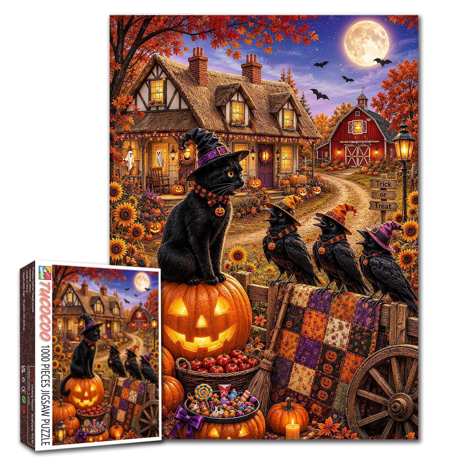 Halloween Cat Jigsaw Puzzle 1000 Piece for Adults Black Kitten with Ravens and Pumpkins Puzzle Cozy Autumn Village Moonlight Artwork, Challenging Fall Activity Game, Seasonal Home Decor Gift โ image 1