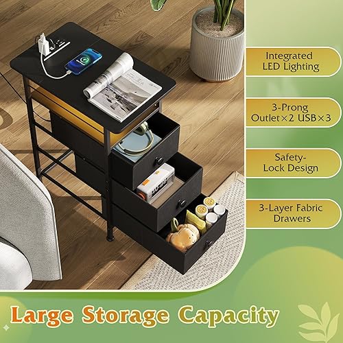 Miniatura 4 de WLIVE Mesa auxiliar estrecha con estación de carga, mesa auxiliar con luces LED, 3 cajones de tela y estante abierto, mesas auxiliares de cama para