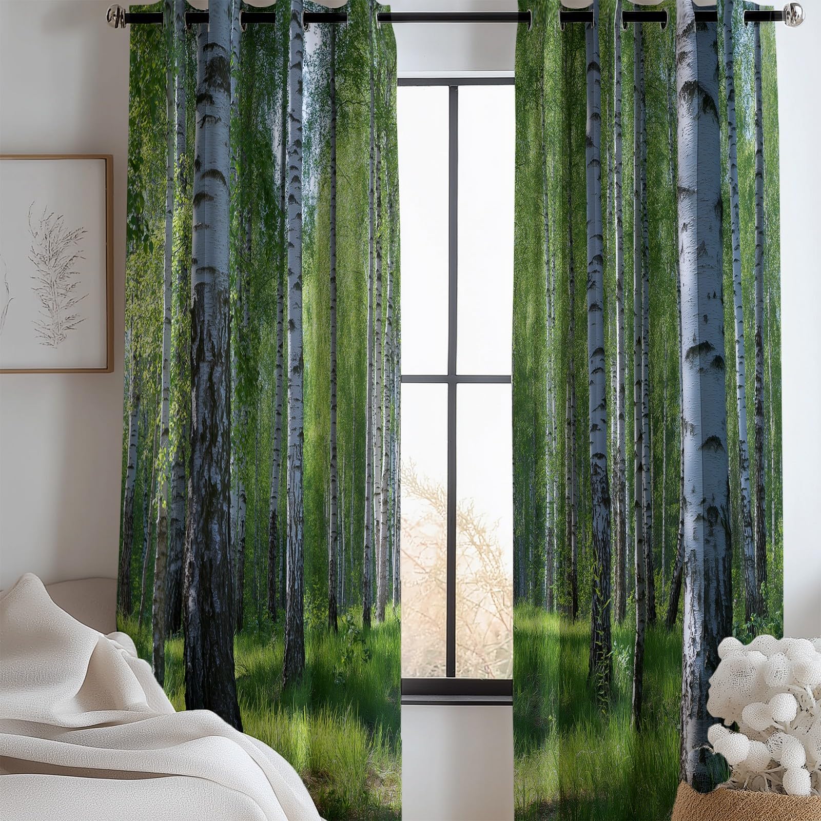 Generisch Verdunklungsvorhänge Birkenwald Natur Kinderzimmer Vorhänge Blickdicht, Grün Thermovorhang mit Ösen, für Schlafzimmer Fenster & Balkon Wald Blätter - 110 x 215 cm (2er Set)