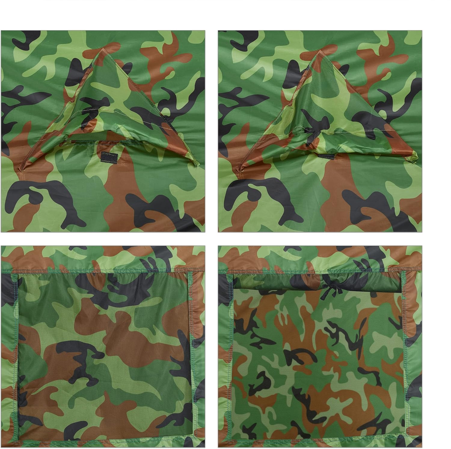 Close-up images of the tent's windows and internal pockets.