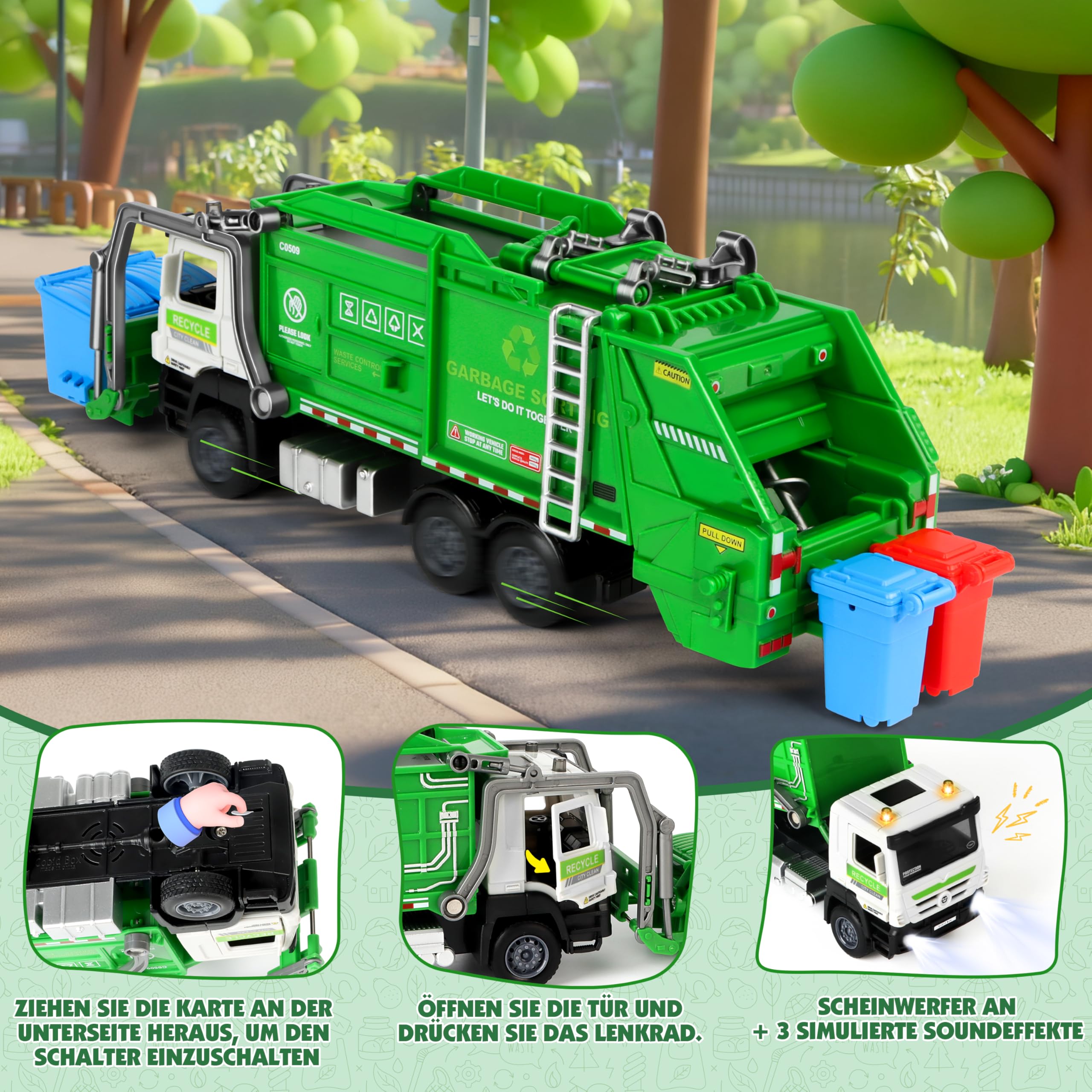 Charmofun Müllwagen Spielzeug, Müllauto Spielzeug mit 6 Mülleimer, 180 Müllkarten, Licht und Sounds, Müllabfuhr Auto Kinder Geschenk für ab 3 Jahren Jungen und Mädchen