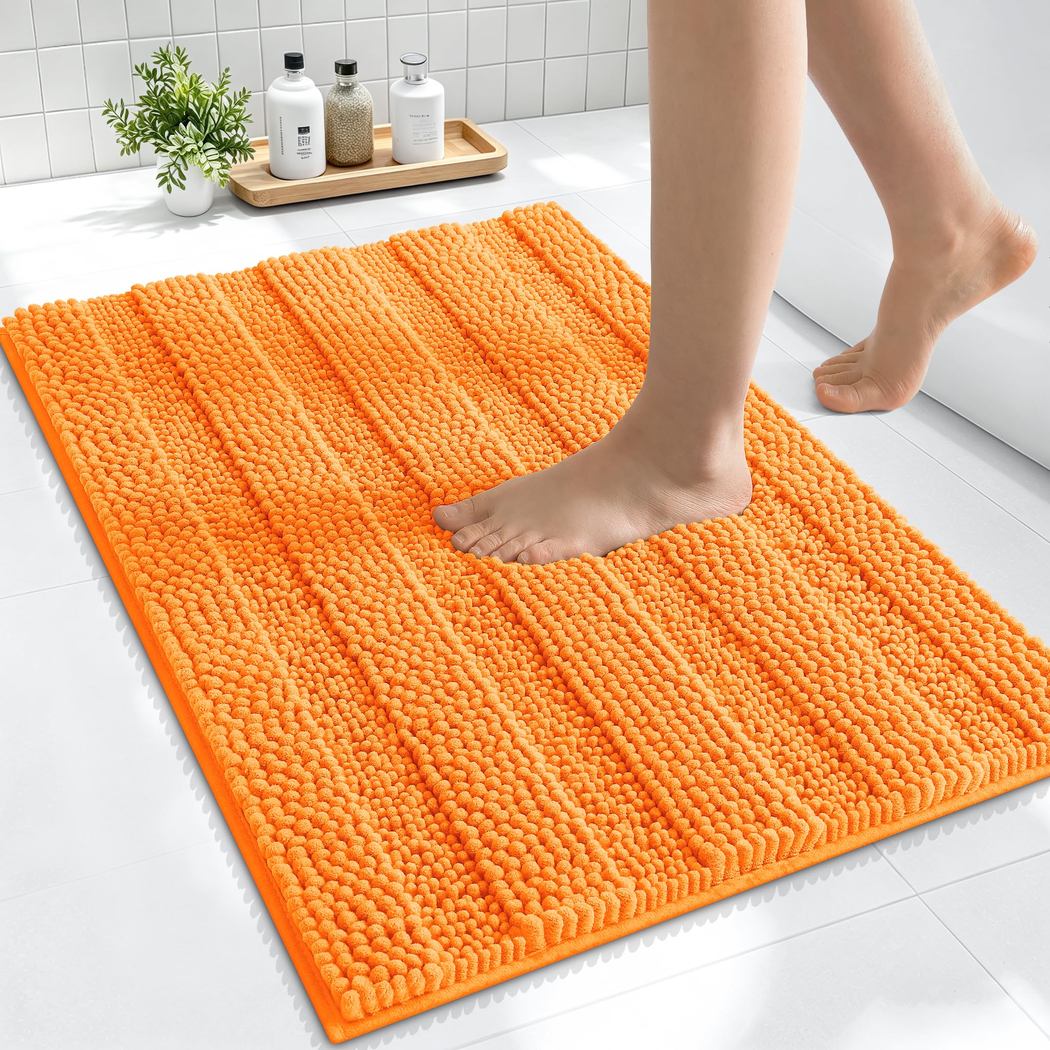 Smiry Thick Small Chenille Bathroom Rugs 24x16, Absorbent Bath Mat, Orange