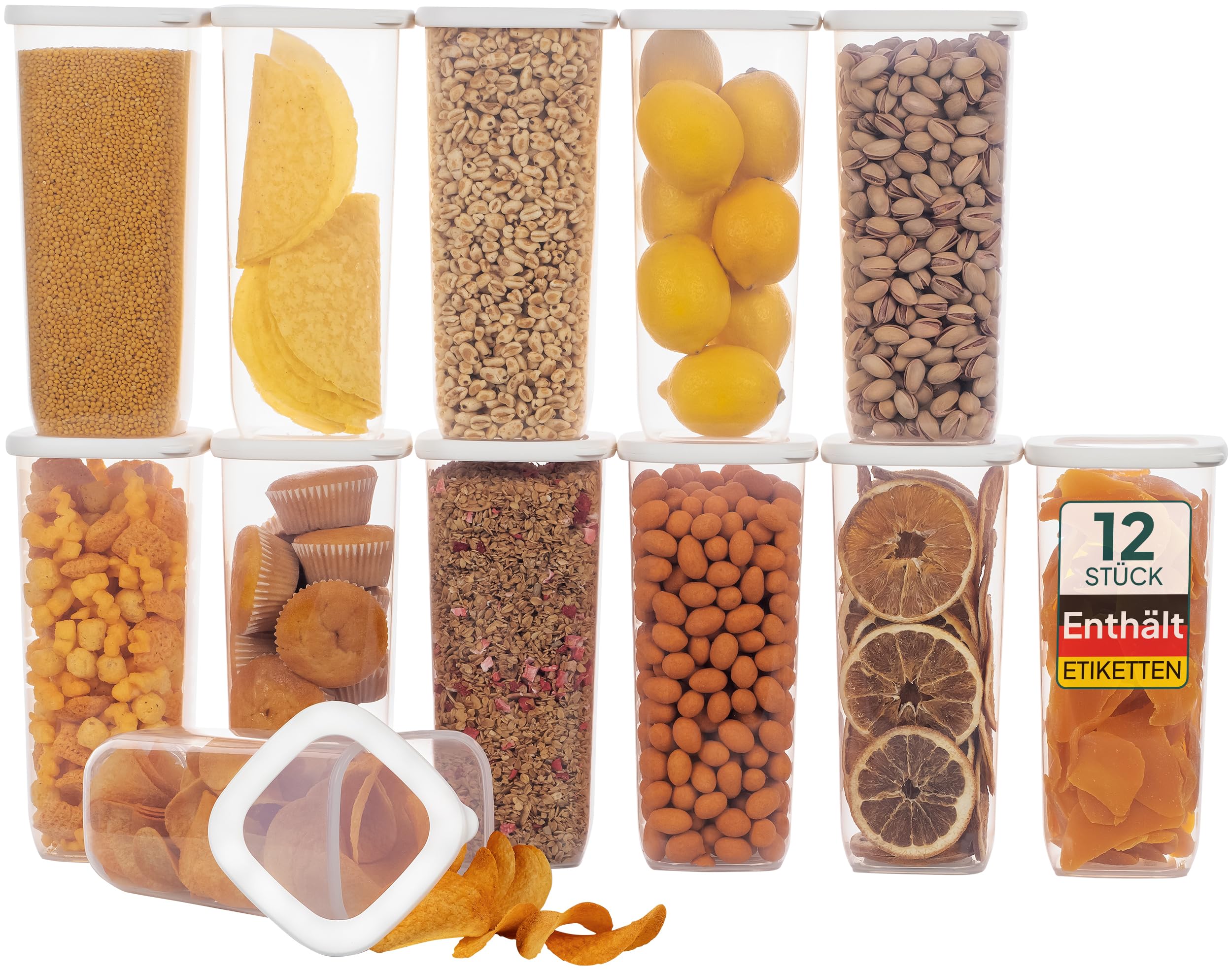 uandu Vorratsdosen mit Deckel luftdicht – 12er Vorratsbehälter Set BPA Frei, Aufbewahrungsdosen Küche für Müsli, Mehl & Zucker, Mit Etiketten
