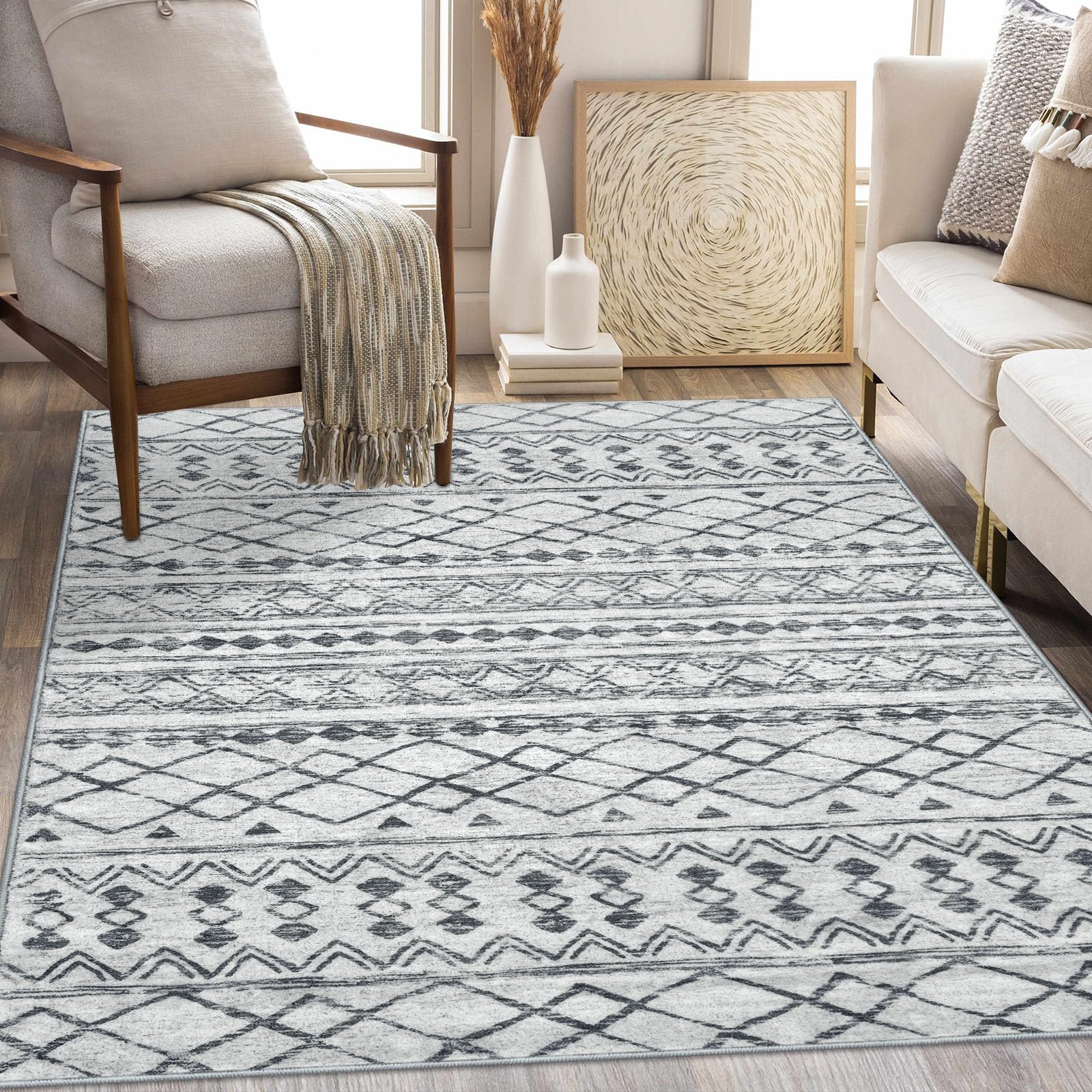 KUTA Bedroom Rug 4x6 Grey Boho Rug, Moroccan Washable Area Rugs Non Slip, Ultra Soft Print Distressed Geometric Entry Rug Low-Pile Throw Rug Carpet for Bedroom Nursery Dorm Kitchen Decor
