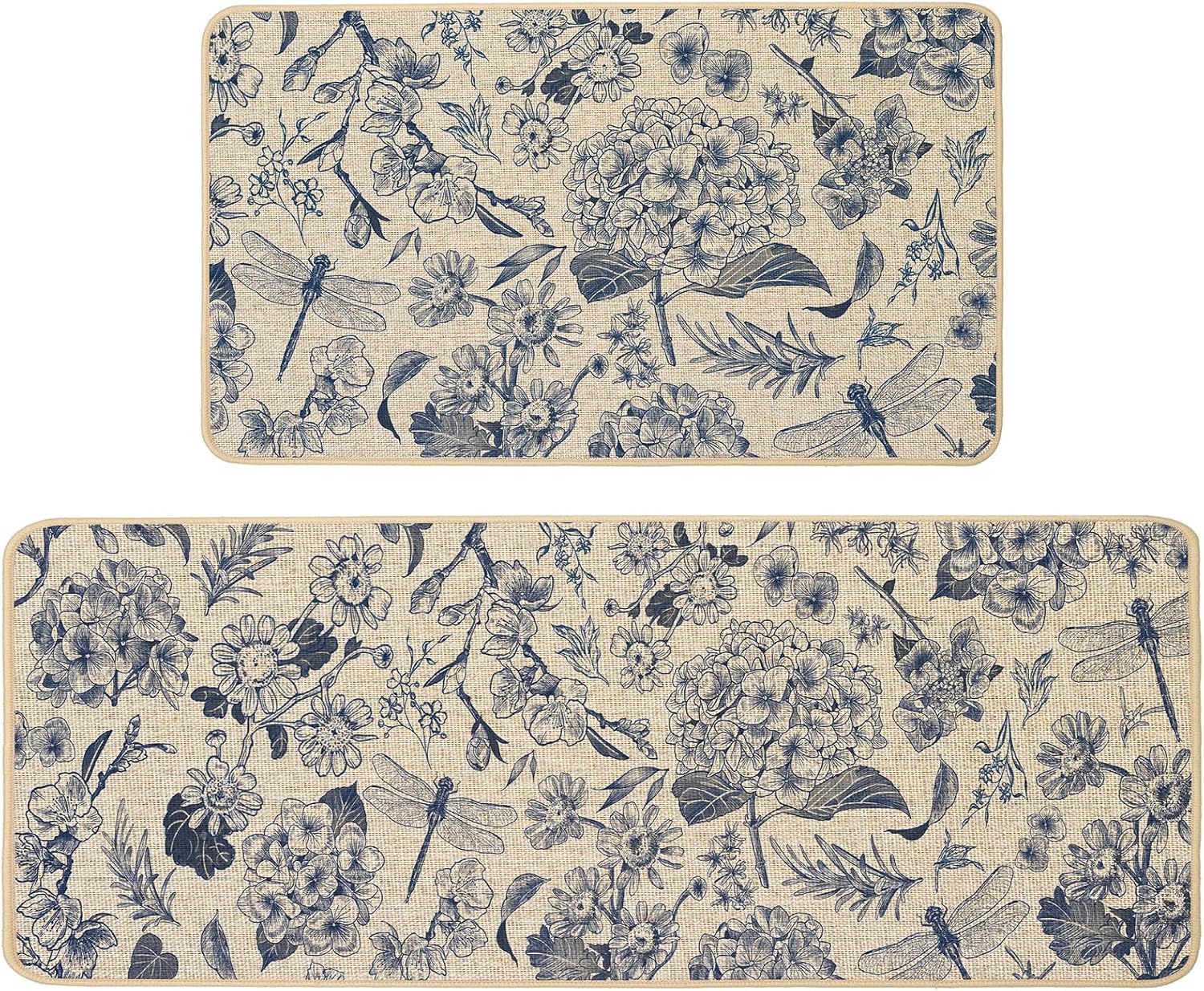 Baccessor Spring Summmer Blue Kitchen Mats Set of 2, Hydrangea Daisy Flowers Kitchen Rugs for Floor Non Slip Absorbent Low-Profile Seasonal Farmhouse Home Decor 17x29 and 17x47 Inch