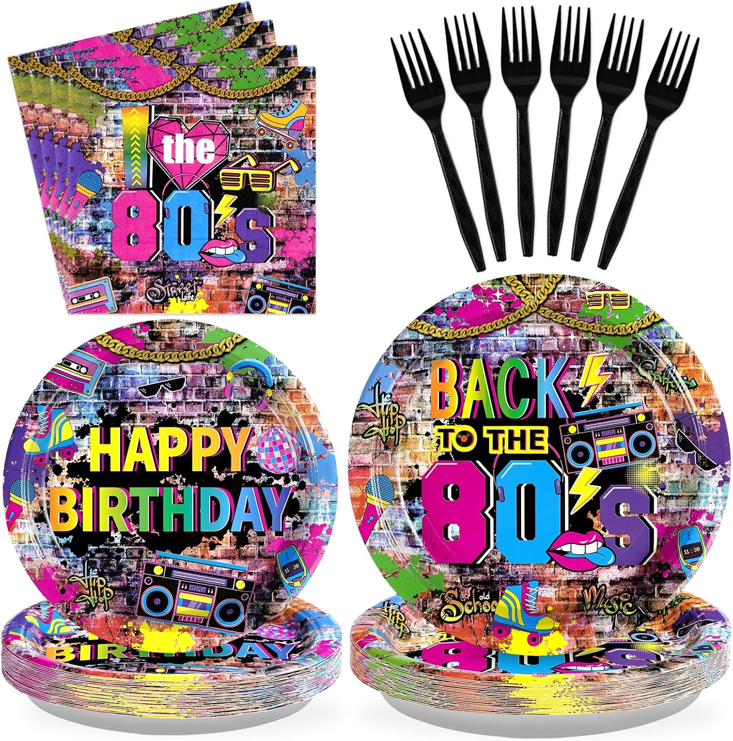 Grencian 96Pcs 80's Party Decorations Back to The 80s Plates and Napkins Disposable Hip Hop Graffiti Wall 80's Birthday Paper Tablewarefor 80s Retro Music Birthday Party Supplies, Serves 24 Retro 80s Kits