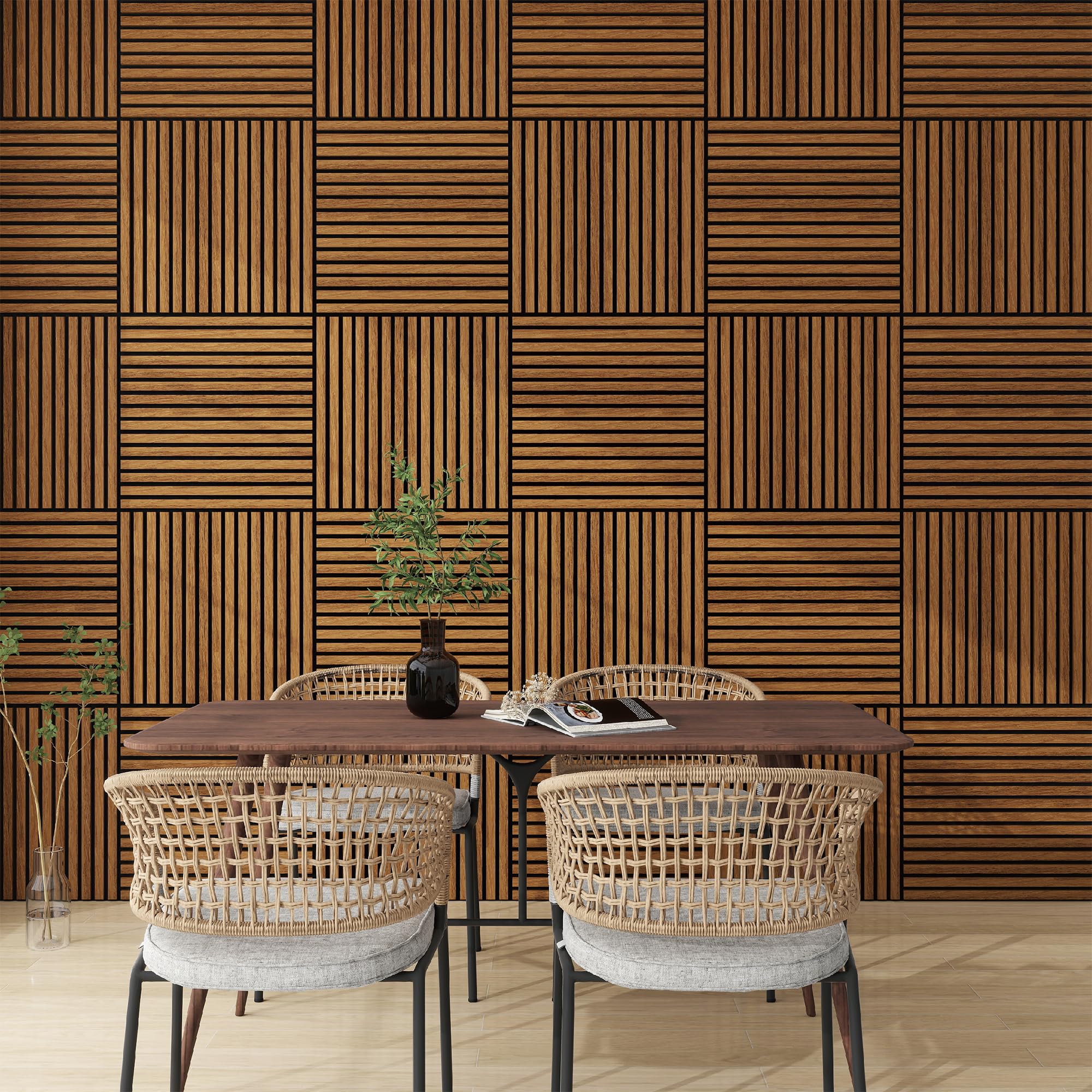 NEU.HOLZ Lot de 4 Panneaux Acoustiques Muraux et pour Plafond à Lamelles Droites Isolation Sonore Style Scandinave Installation Facile Chambre Séjour Studio MDF 1,44 m² 60 x 60 cm Effet Teck