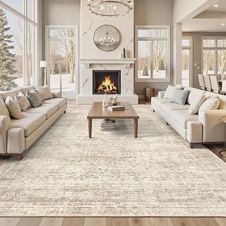 Soalmost 10x14 Beige Vintage Area Rug - Non-Slip Machine Washable Low Pile Rug for Living Room Bedroom