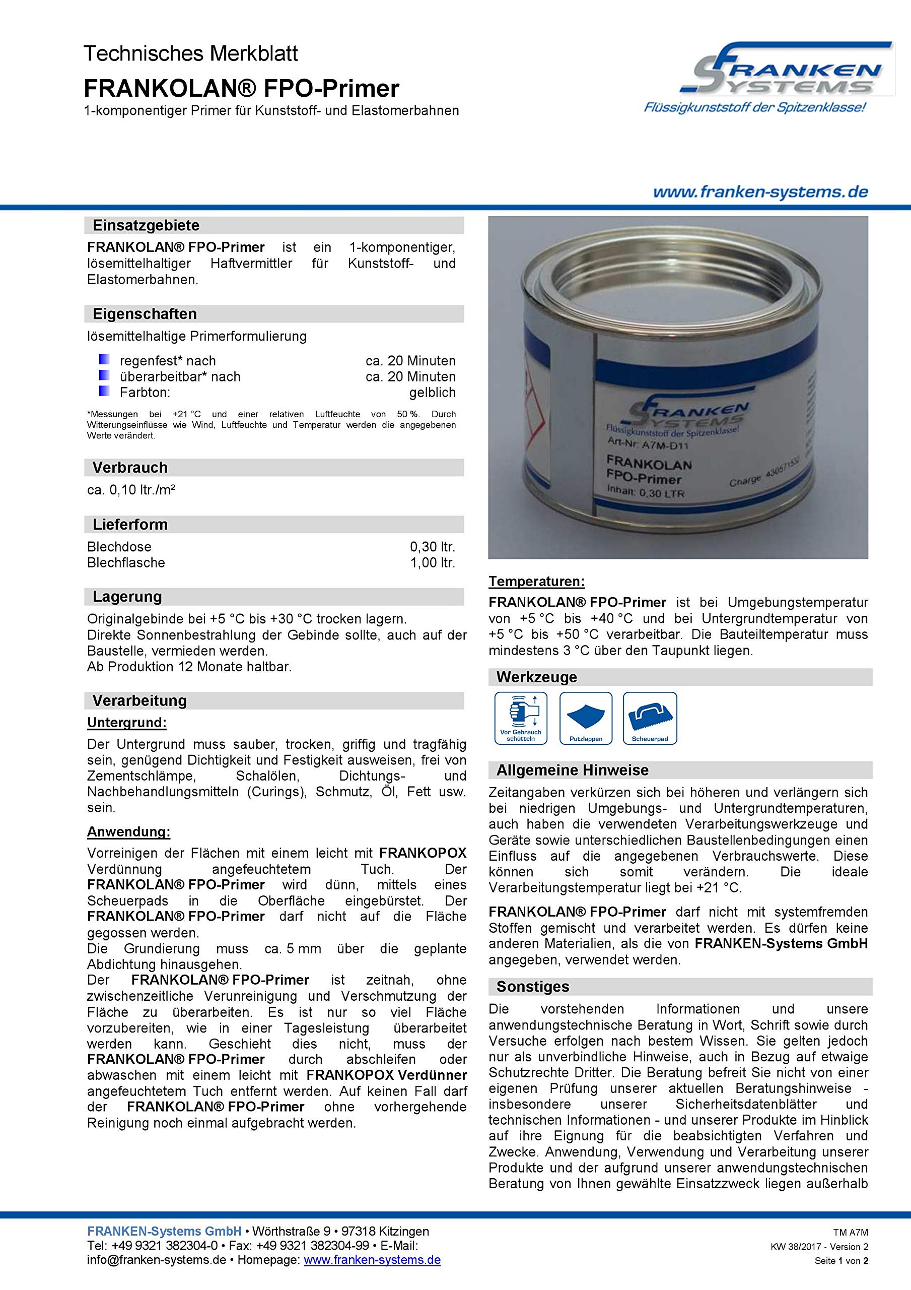 FRANKOLAN ® FPO-Primer/PR 110 - wird als Grundierung für Kunststoff- und Elastomerbahnen eingesetzt zur Vorbereitung für nachfolgende Frankosil 1-K Abdichtungssysteme (1 Liter)