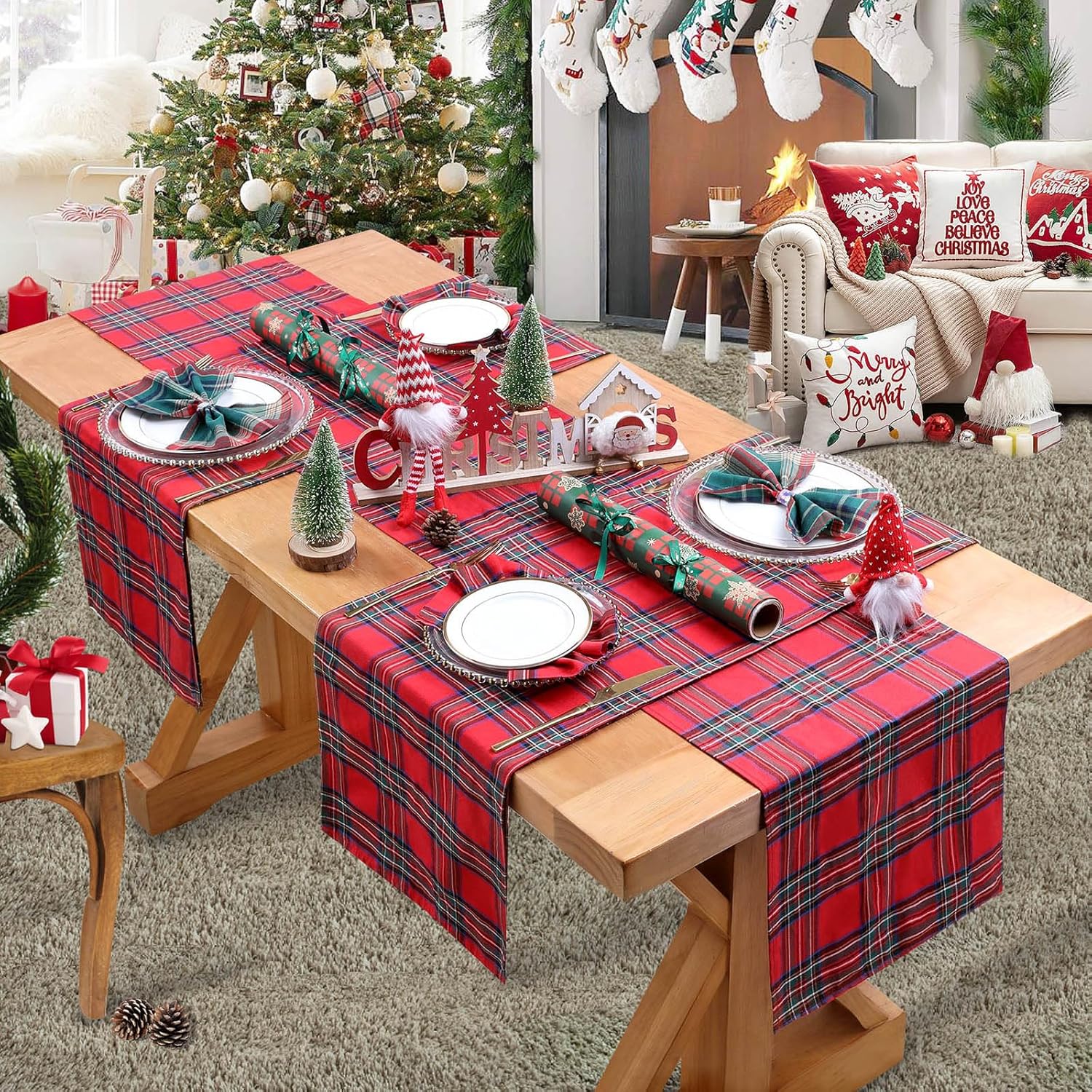 Buffalo Plaid Christmas Table Runner: 13x84 Inch Red Plaid Table Runners Farmhouse Xmas Holiday Home Kitchen Decor 6 Packs