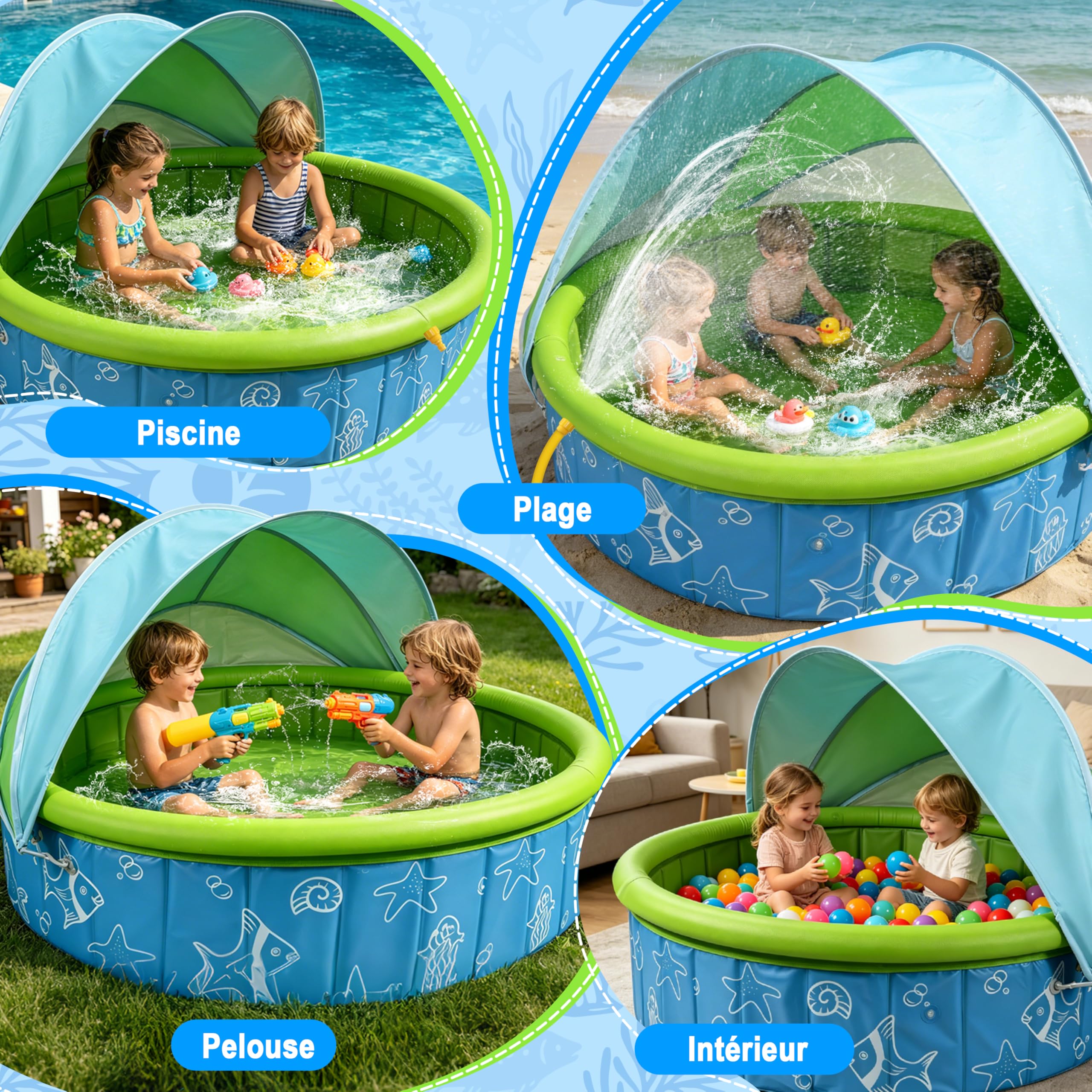 JONRRYIN Piscine Enfant avec Pare Soleil et Arroseur, Pataugeoire pour Chien et Enfant avec Tente de Plage Anti UV, 120×36 cm Pataugeoire Portable et Antidérapante pour Jardin Plage