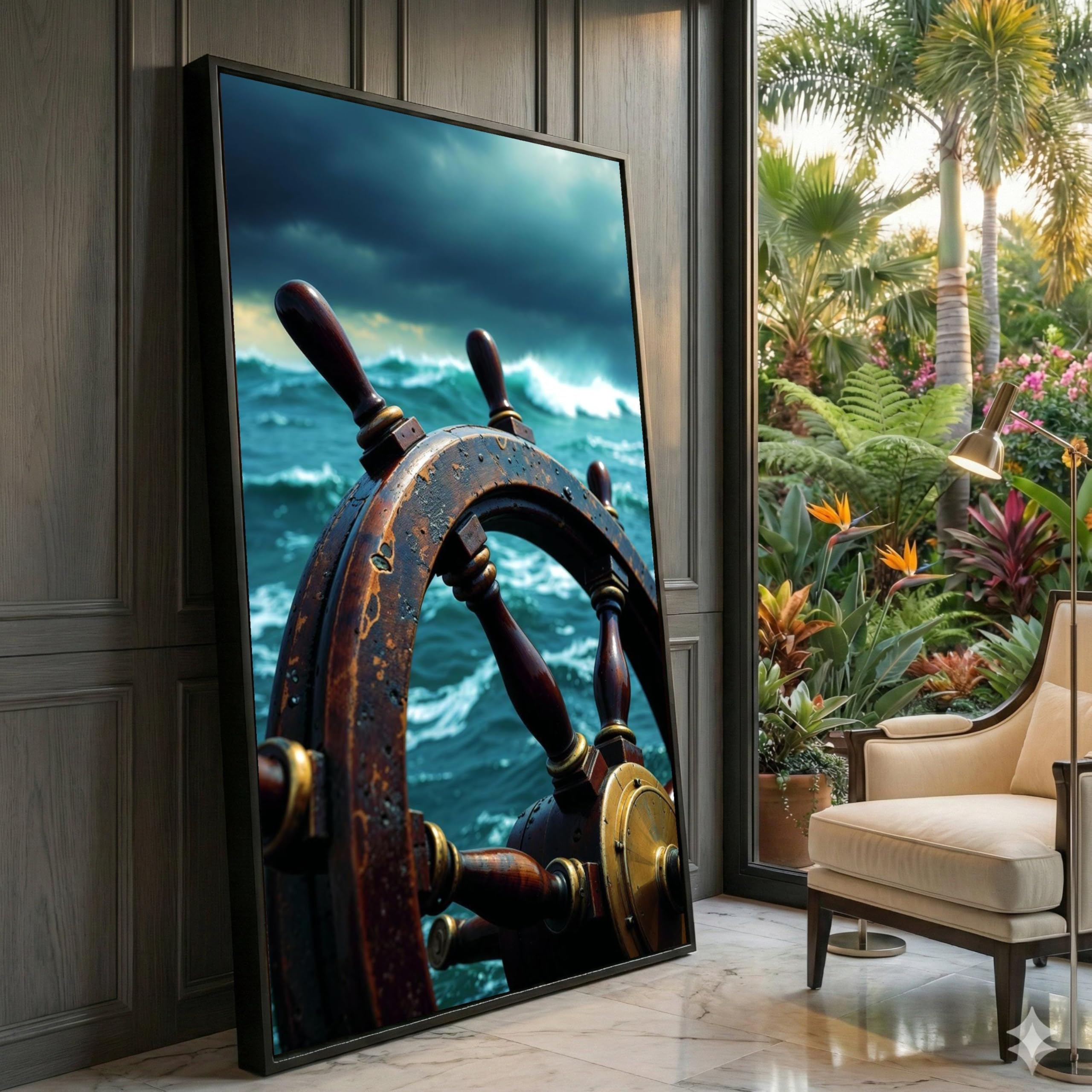 XINBAO Vintage Ship Wheel Canvas, Nautical Ocean Waves Wall Art, Maritime Home Decor, Stormy Sea Painting,Coastal Canvas Art(80x150cm/Frameless)