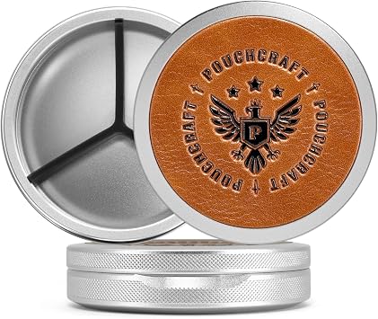 Leather-Faced Metal Pouch Can | Aluminum Container for Pouches with Removable Silicone Divider | Airtight O-Ring | EDC Pocket Tin | Fathers Day Gift for Dad | Insignia Edition Silver