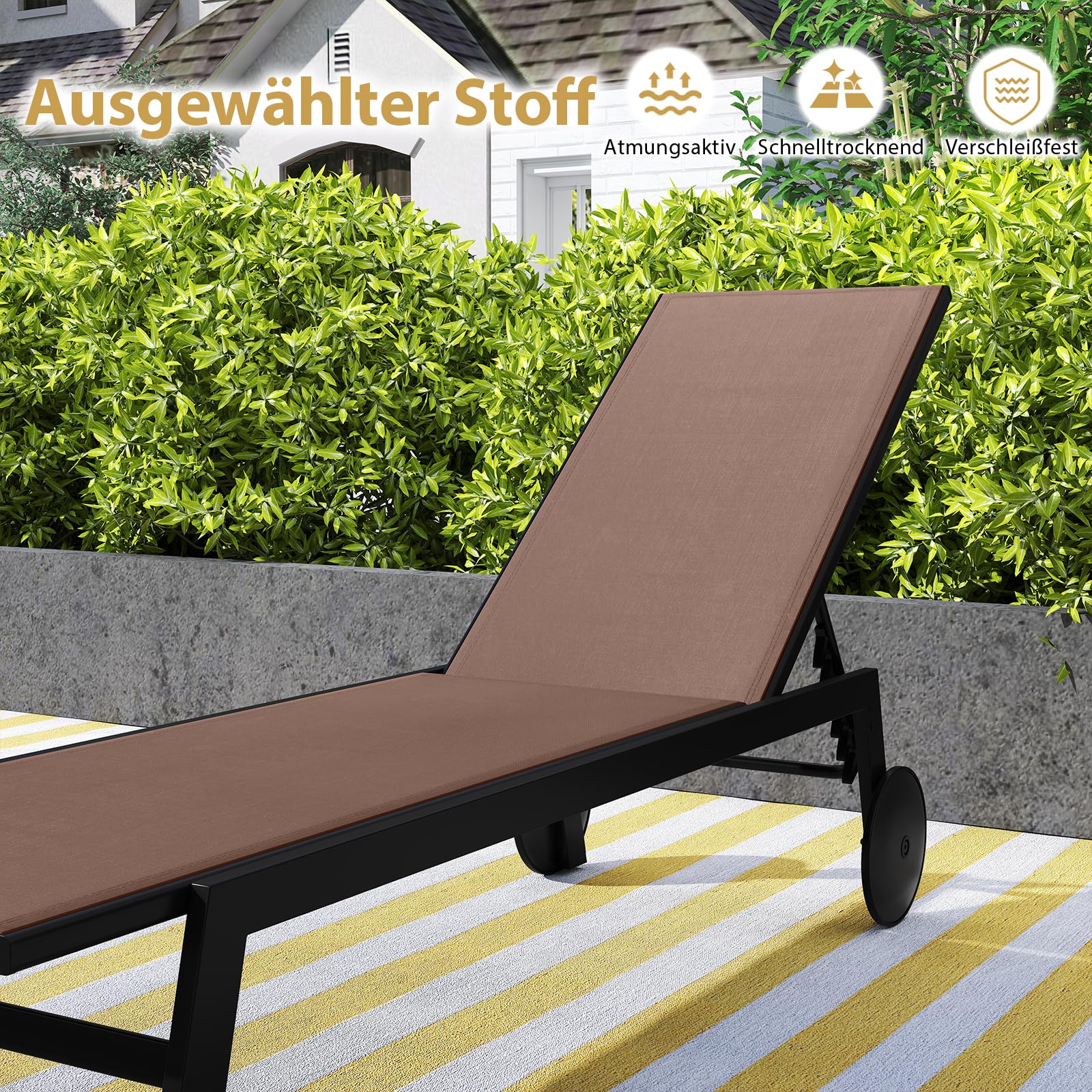 COSTWAY Sonnenliege mit Rollen, Gartenliege mit Verstellbarer Rückenlehne und schnelltrocknendem Stoff, Rollliege bis 150kg belastbar, Liegestuhl für Garten, Balkon, Terrasse (Braun)