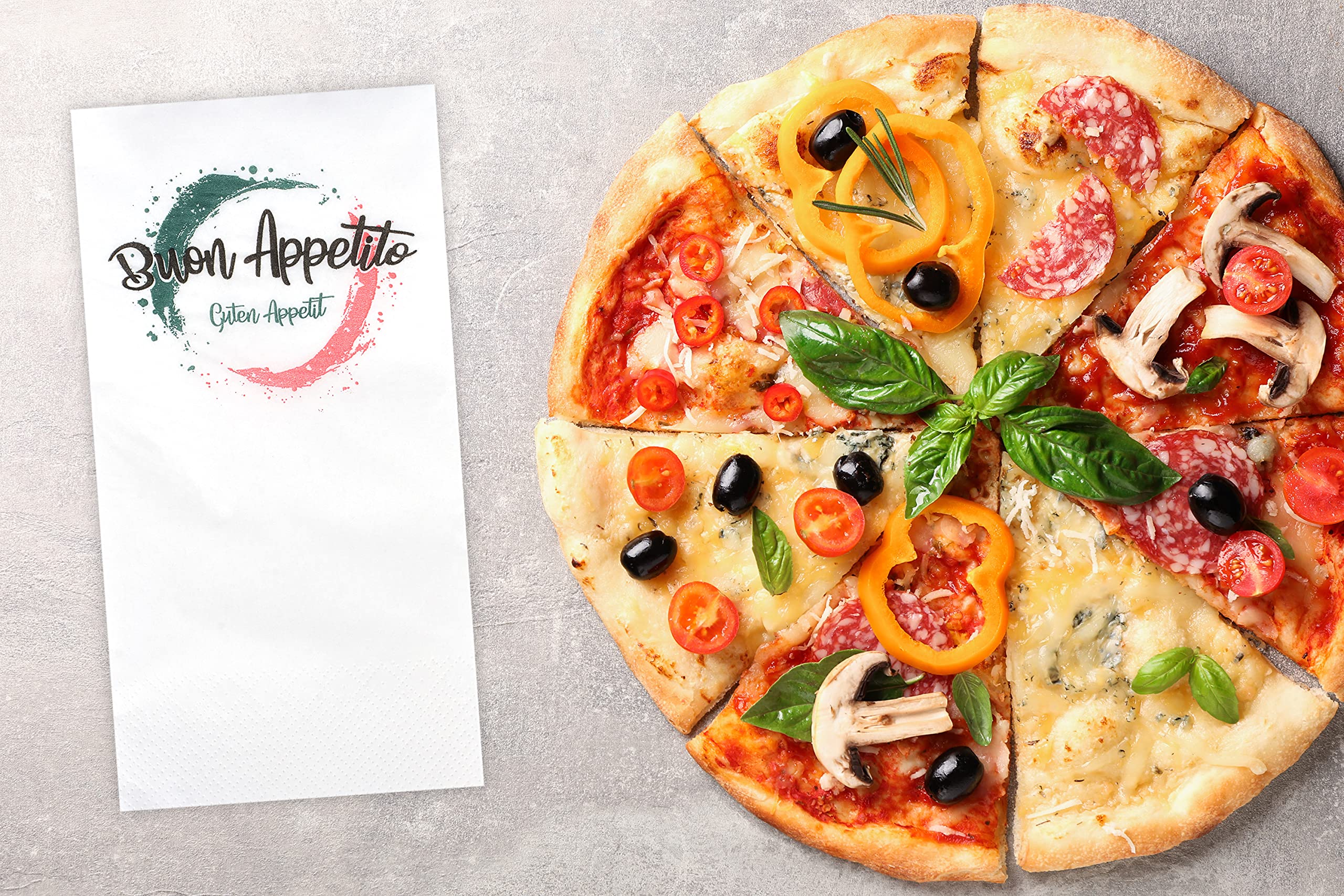 Funny Lot de 1000 serviettes à motif Buon Appetito - Guten Appetit - En cellulose - 40 x 40 cm - 2 plis - Pliage en 8 - Blanc