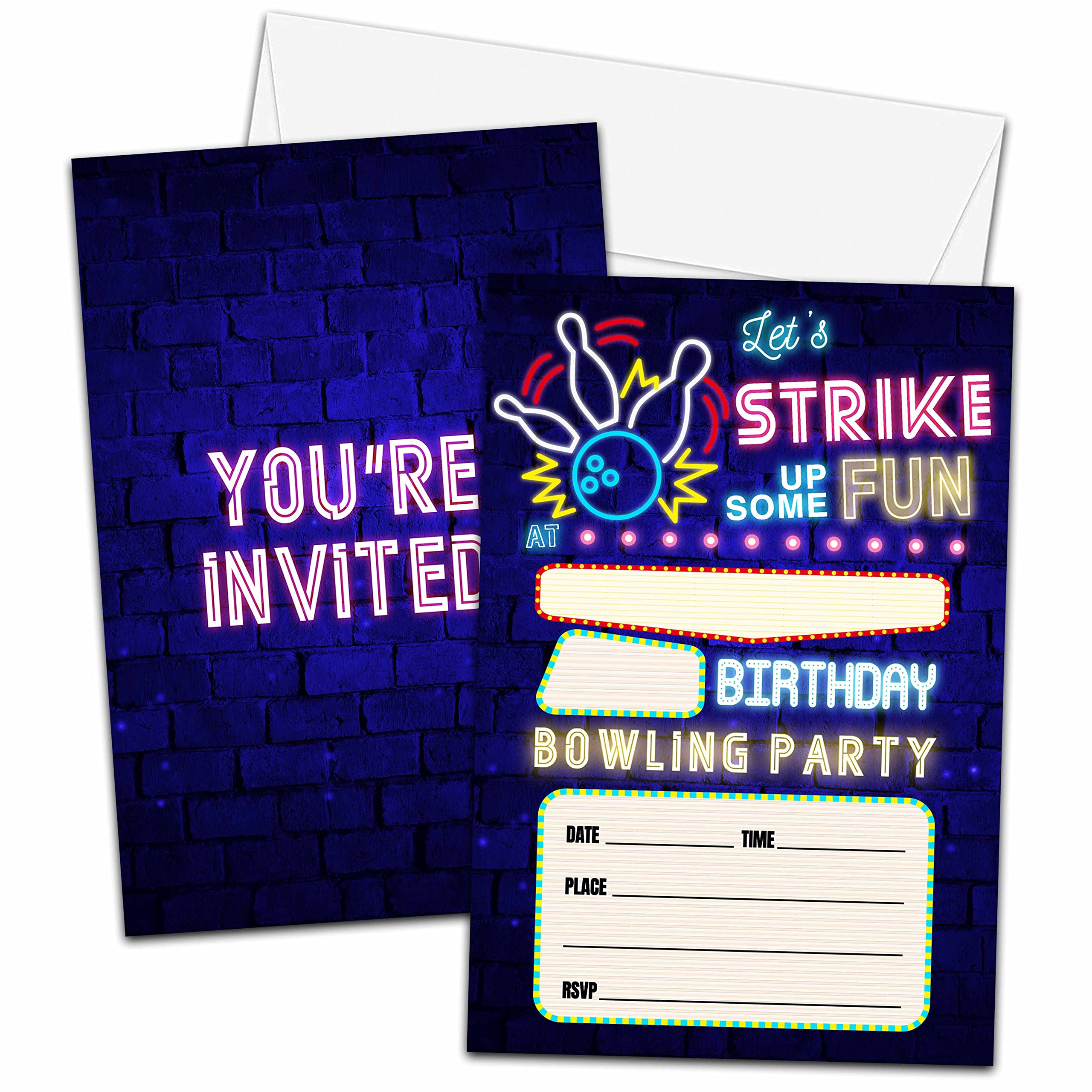 Bowling Birthday Party Invitations Cards, Kids Let's Strike Up Theme Birthday Invitation, 20 Invitation with Envelopes, Birthday Party Supplies Decorations -16