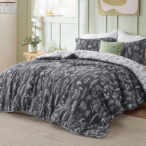 Miniatura 2 de Bedsure Juego de edredón Queen  Edredón gris oscuro, bonito juego de edredón floral, 3 piezas, 1 edredón reversible suave de flores botánicas y 2