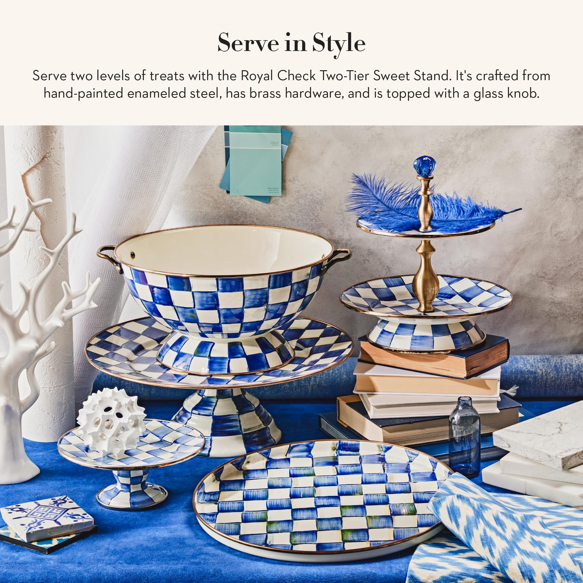 MACKENZIE-CHILDS Enamel Two-Tier Sweet Stand, Two-Tiered Serving Tray for Dessert, Blue-and-White Royal Check
