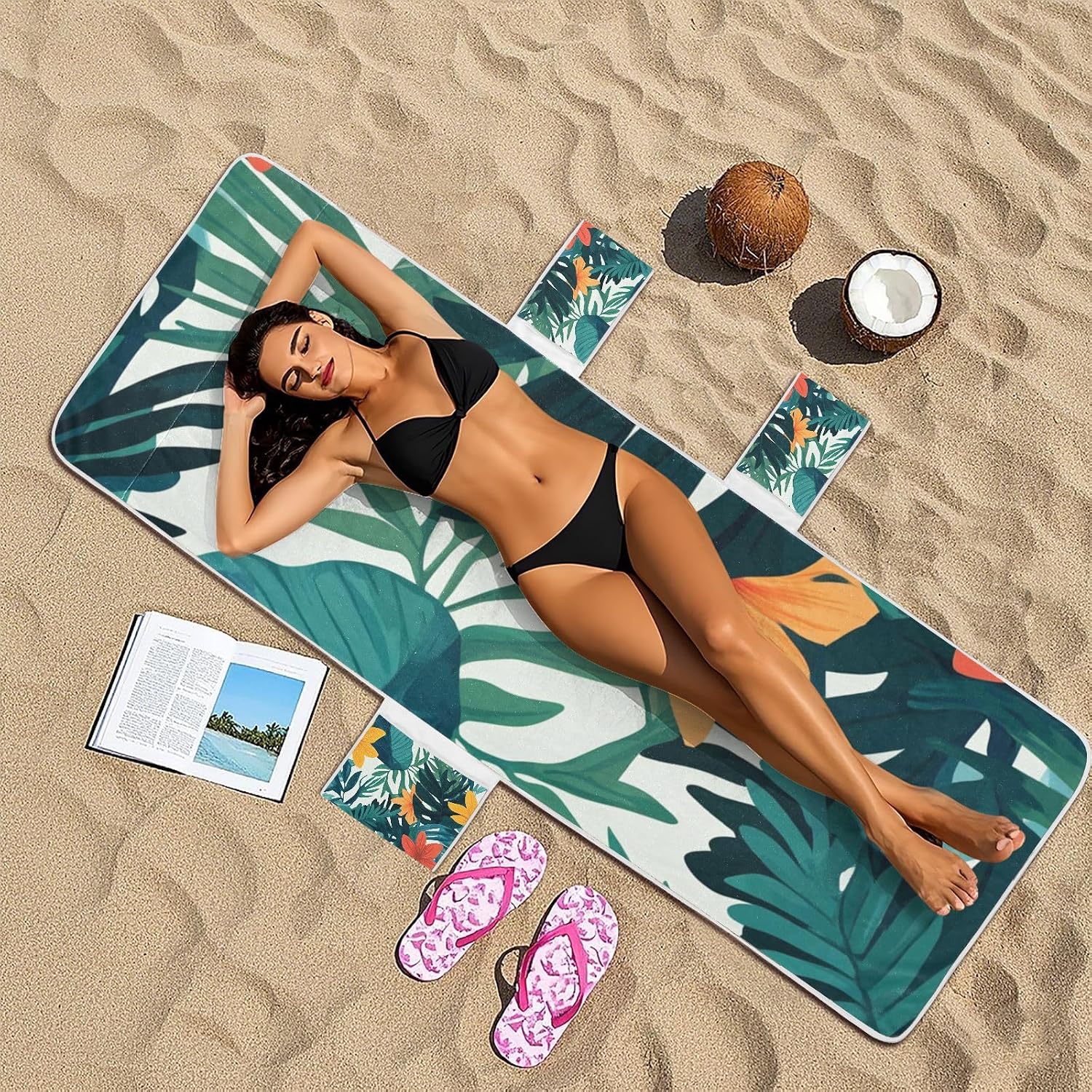Tropical Style Green Leaves Flower Patio Chaise Lounge Chair Cover Soft Sturdy Patio Furniture Cover with 3 Pockets for Outdoor Pool Beach Sunbathing, 85" X 30"