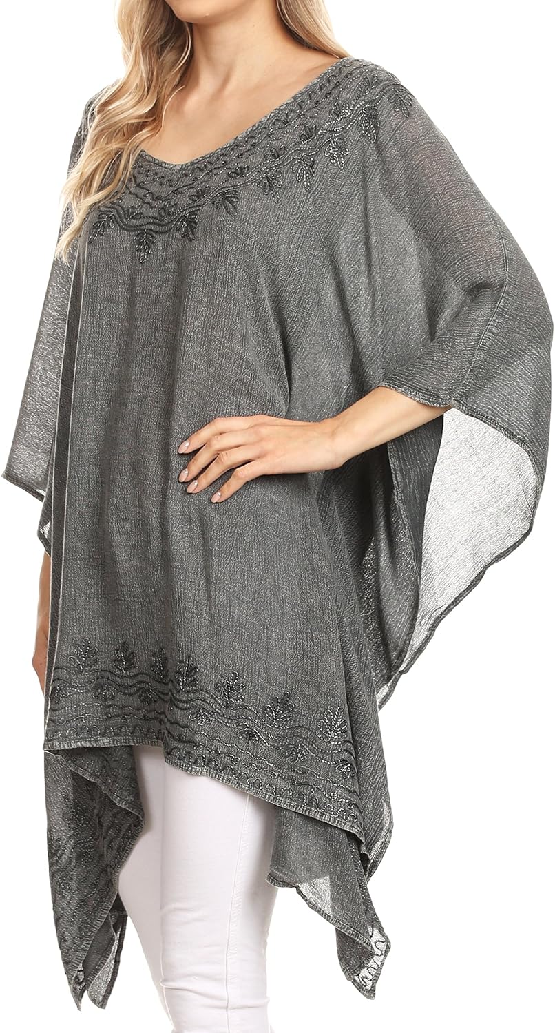 Sakkas Regina Women's Lightweight Stonewashed Poncho Top Blouse Caftan Cover up