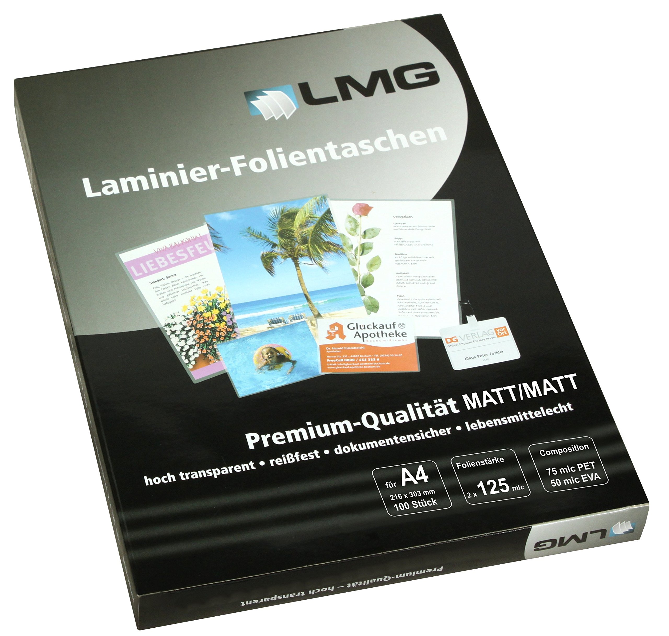 LMG LMGA4-125M - Fundas para plastificar (A4, 216 x 303 mm, 2 x 125 micrófonos, 100 unidades)