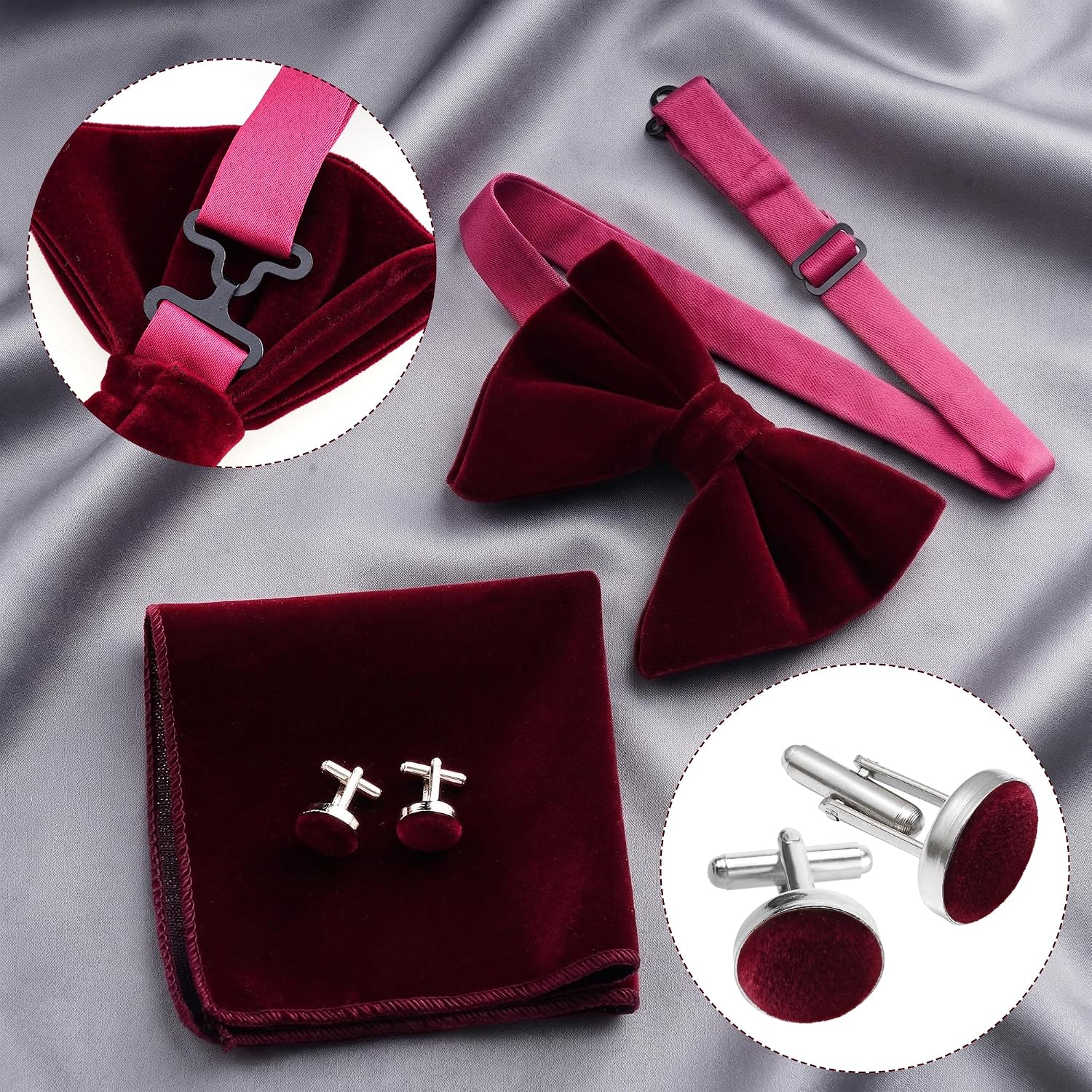 Black Velvet Bow Tie Pocket Square Cufflinks Set for Men, Solid Pre-tied Adjustable Bowtie, Men's Tuxedo Bow Ties