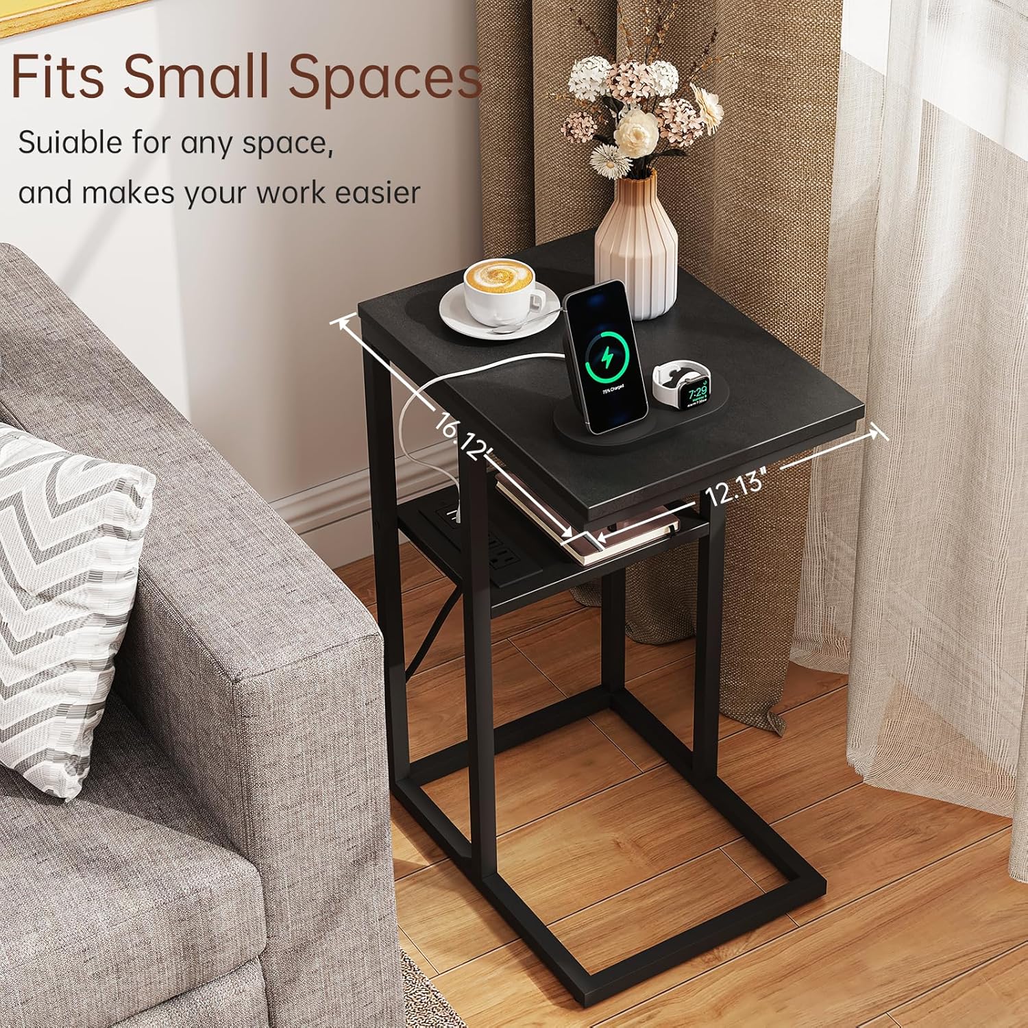 Vagusicc C Shaped End Table with Charging Station, Small Side Table for Couch, Snack Side Table with USB Ports and Outlets for Small Spaces, Slide Under Sofa Table TV Tray Arm C Table for Living Room