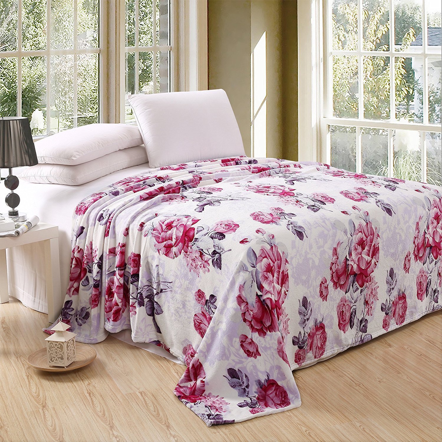 Soft Plush Coral Fleece Fuax Fur Flannel Throw/Blanket 79X89 Full/Queen (Pink rose F04)