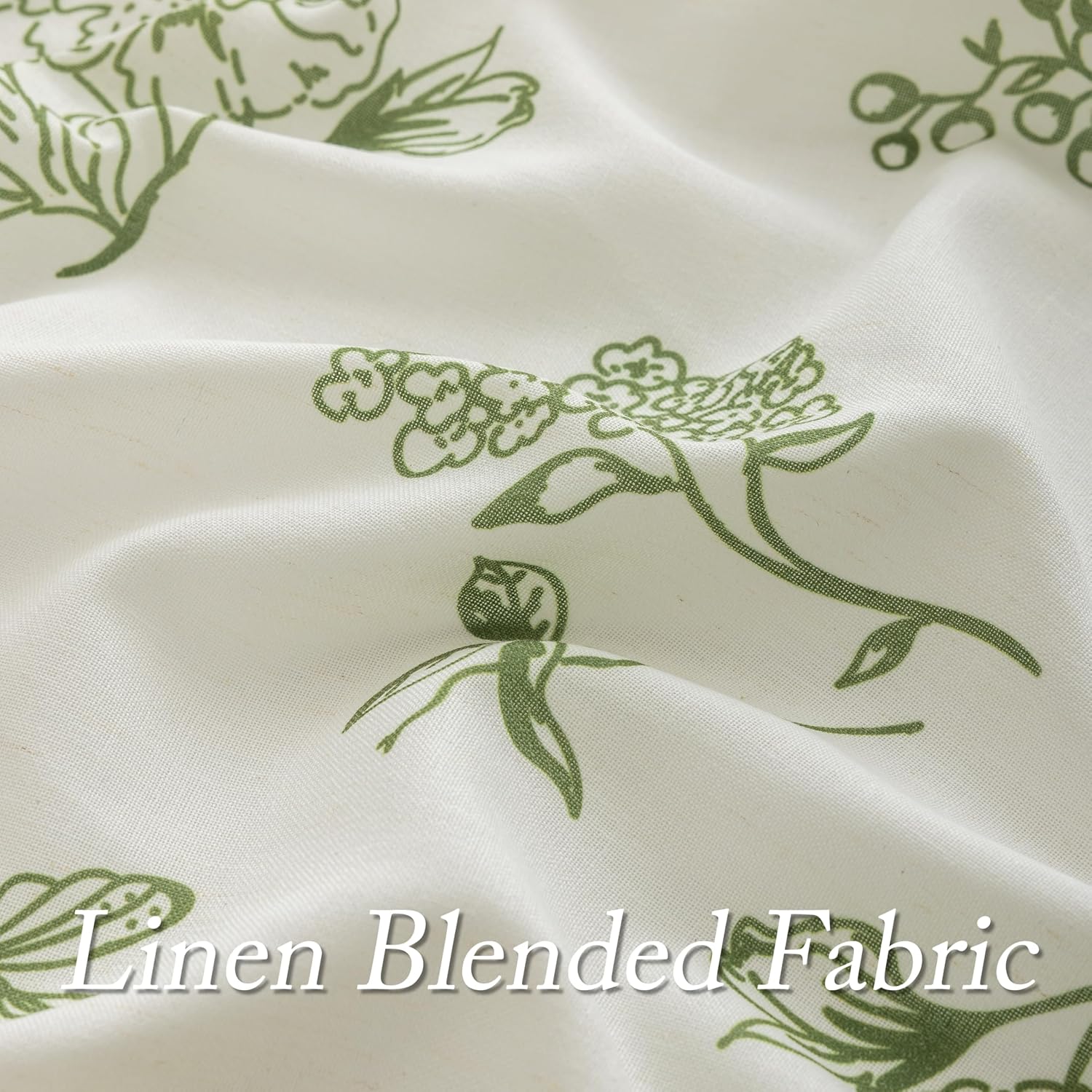 Olive Green Floral Linen Curtains 84 Inch Length for Living Room Dining 2 Panels Semi Sheer Light Filtering Window Curtain Farmhouse Boho Loden Flower Peony Printed Pattern Bedroom Window Drapes