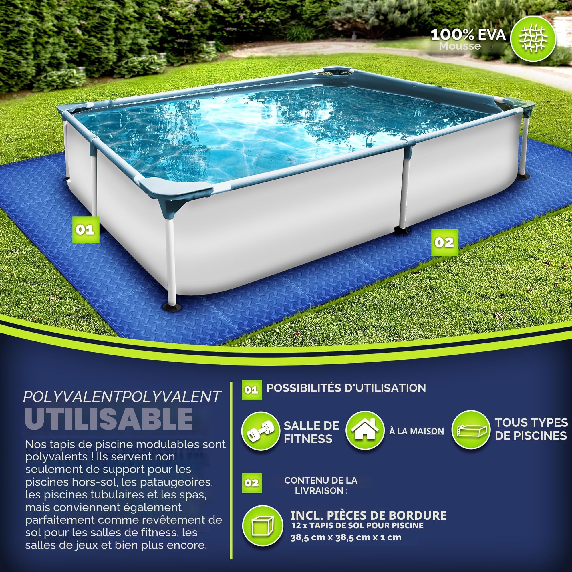 tillvex® Lot de 12 tapis de protection pour piscine | Tapis de sol pour piscine et bassin | Tapis de piscine pour extérieur | Tapis de protection thermique pour le sol | Toile de fond pour jacuzzi