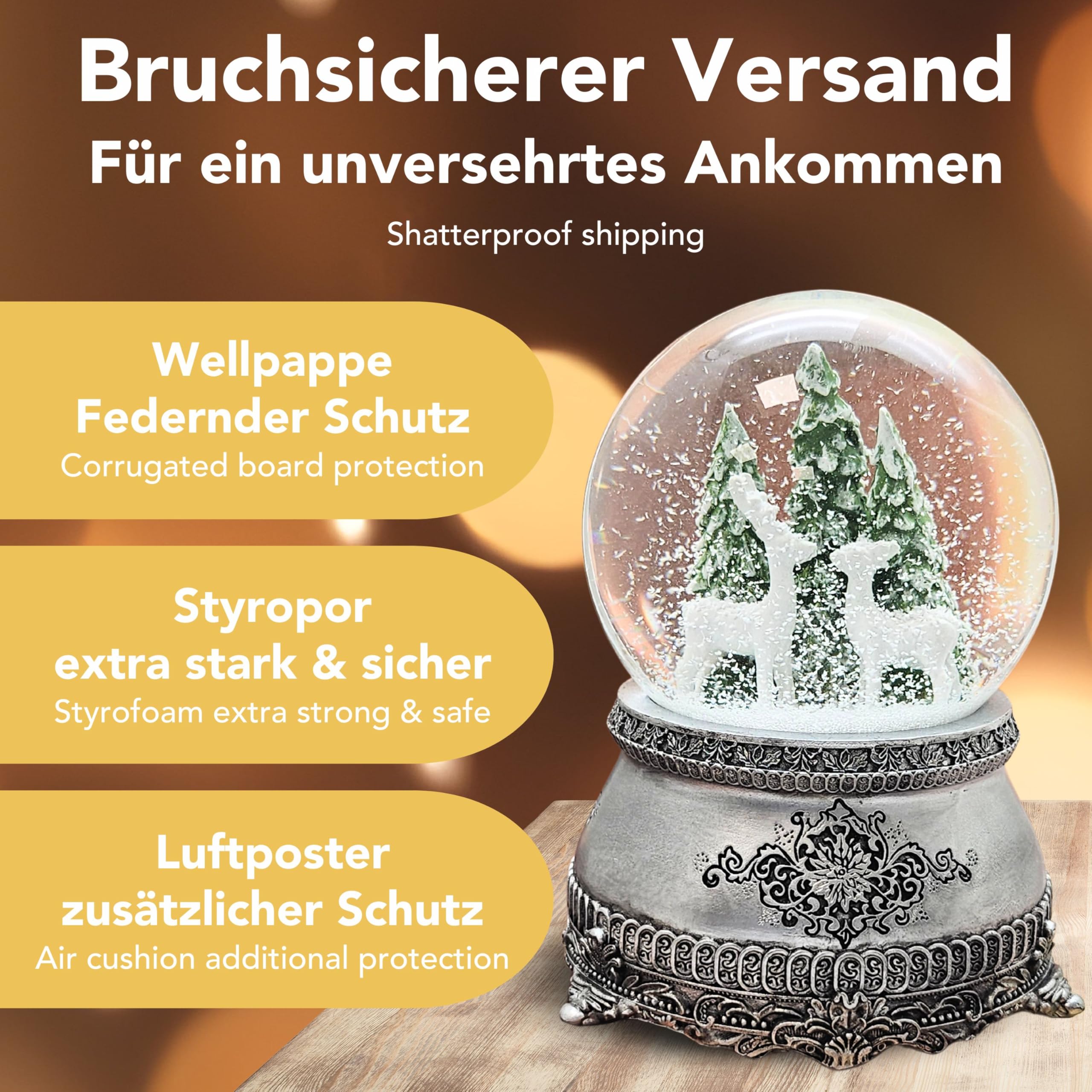 Schneekugel Hüttenzauber 2 weiße Rehe vor Tannenbaum | Sockel Zinnoptik Ornamente | mit Spieluhr | Schüttelkugel Weihnachtsdekoration | B: 10 cm H: 14 cm | 20253
