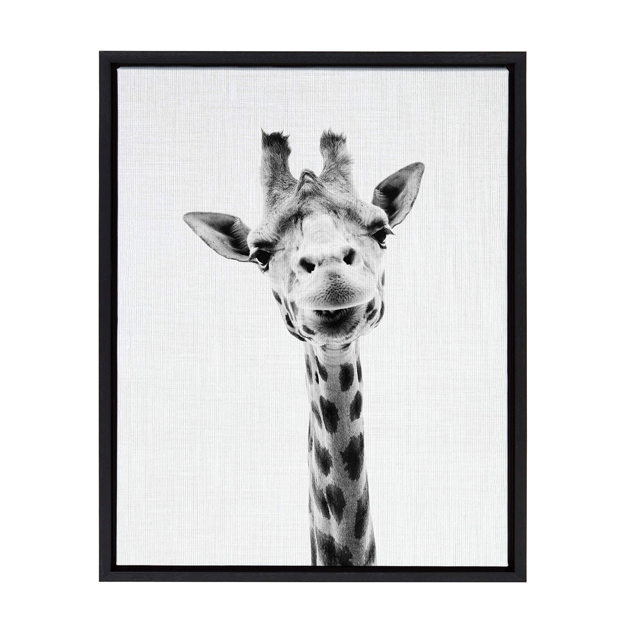 Kate and Laurel Sylvie Giraffe Animal Print Black and White Portrait Framed Canvas Wall Art by Simon Te Tai, 18x24 Black