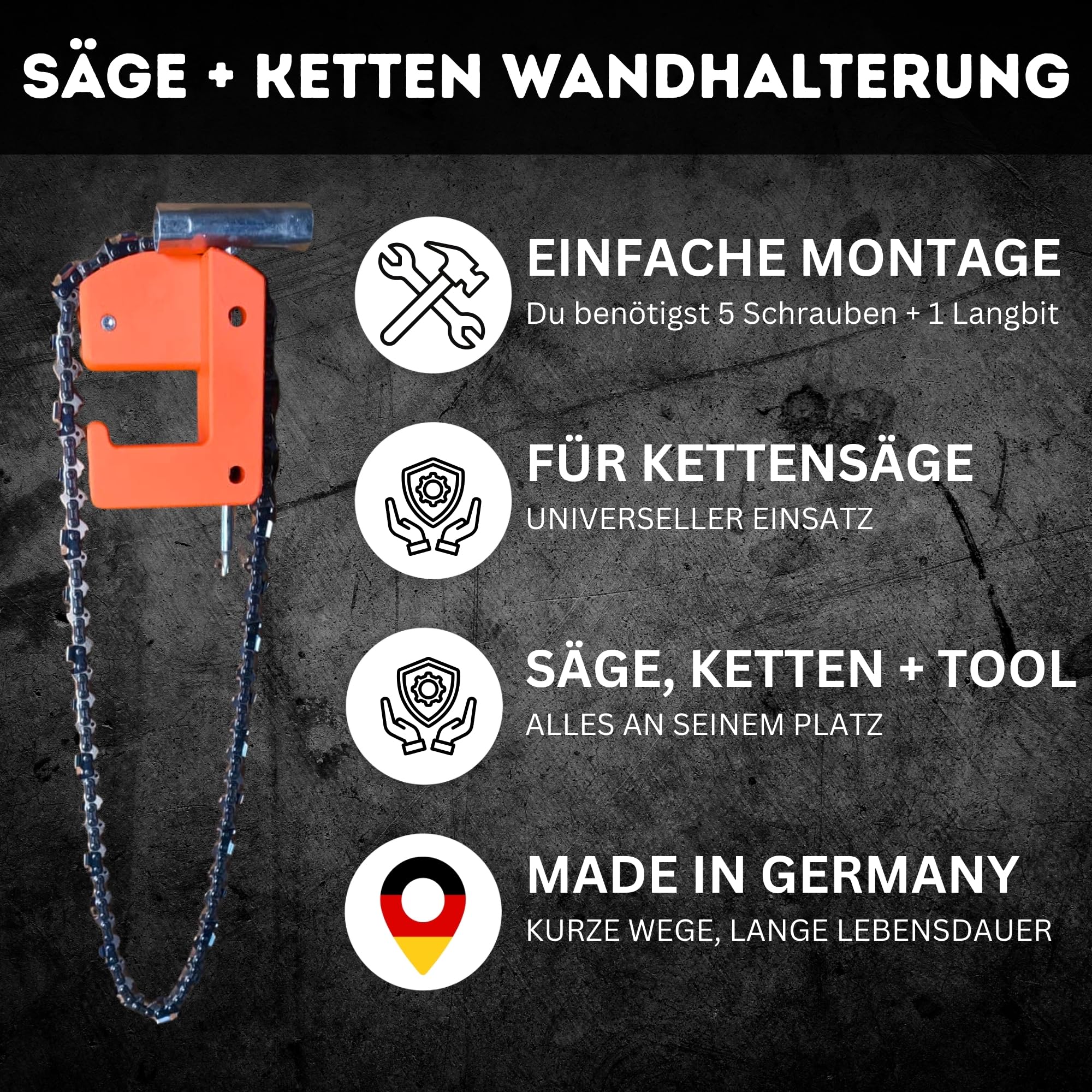 Halterung für Kettensäge + Ketten + Werkzeug I Passend für Stihl Husqvarna Dolmar I Sägeketten Halter Wandhalterung