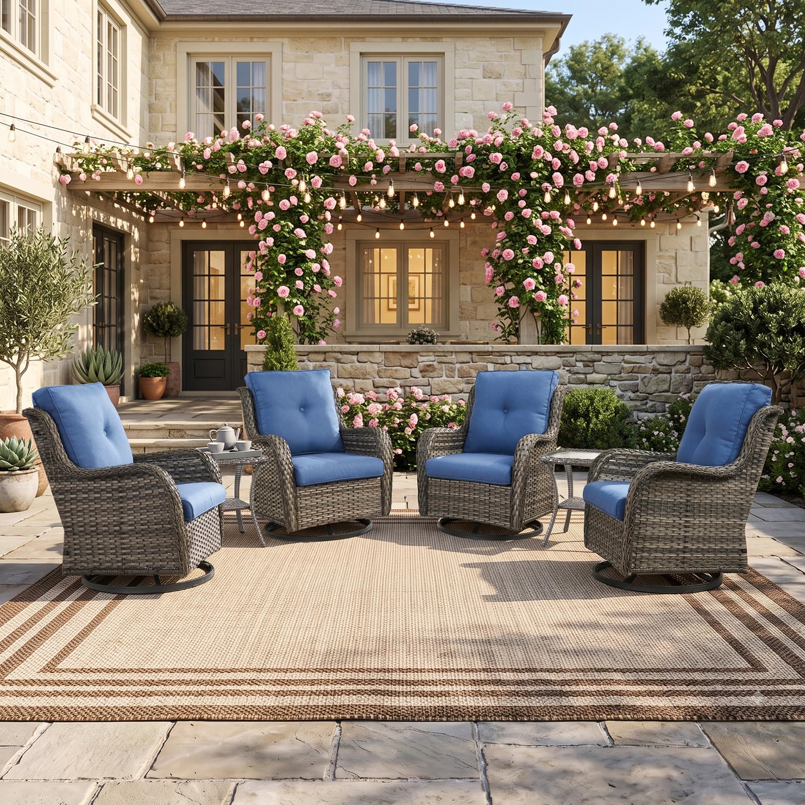 6 Pieces Outdoor Patio Wicker Swivel Chairs and Table, Blue Cushions