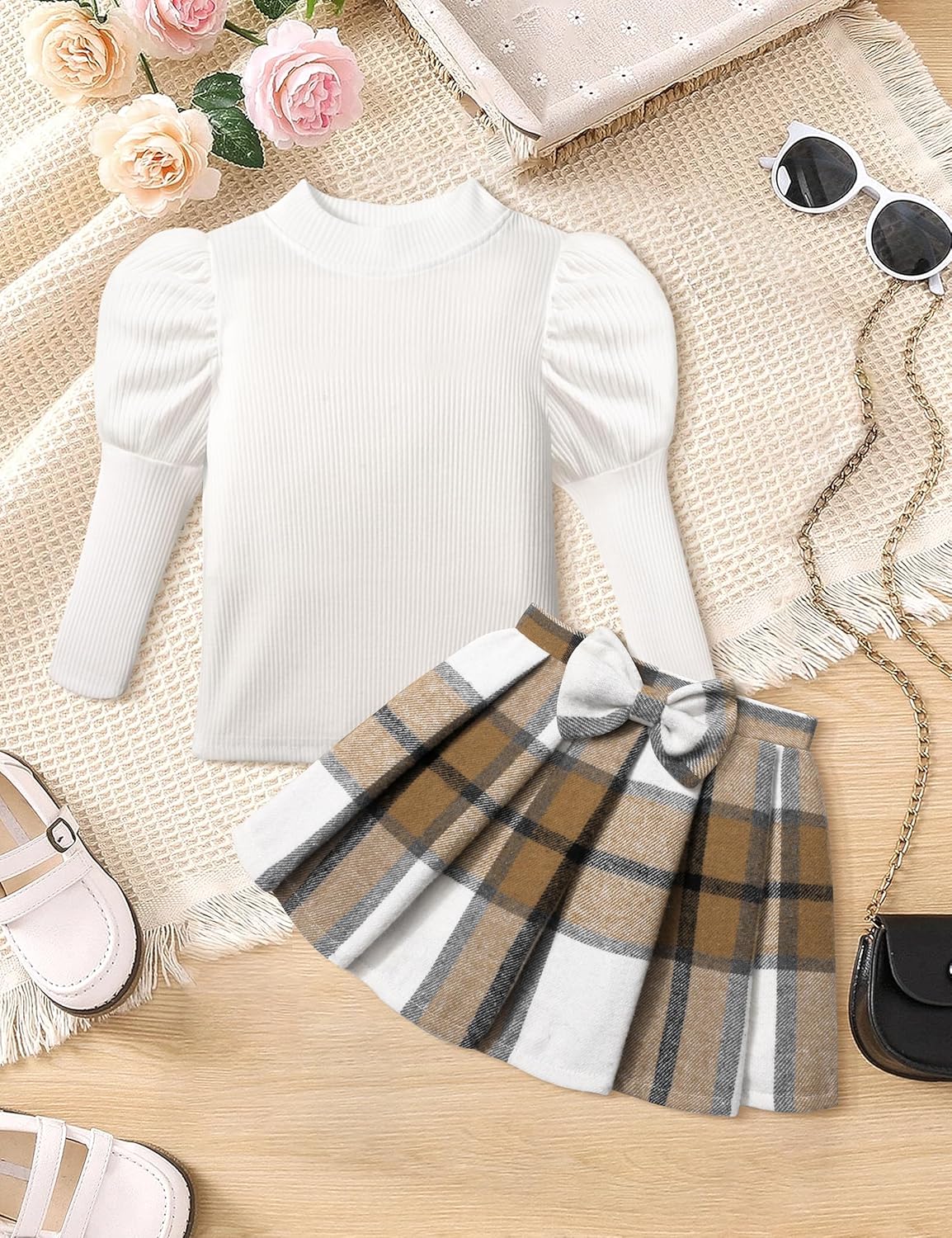 Toddler Girl Clothes Skirt Set Cute Puff Sleeve Top Girls Plaid Skirt with Bow Toddler Outfits for Girls 1-8 Years - Image 4