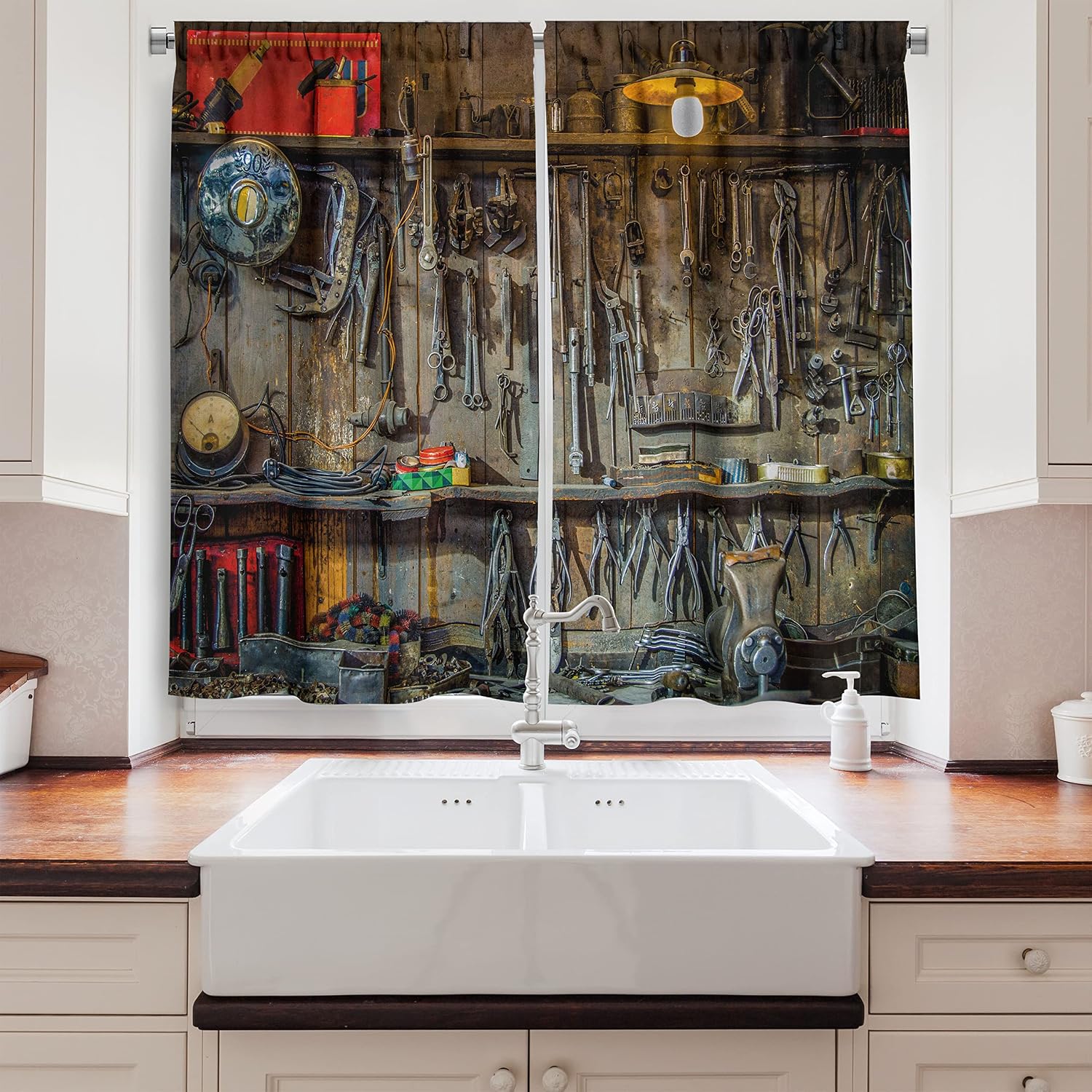 Ambesonne Man Cave Long Kitchen Curtains, Vintage Style Tools Hanging on The Wall in a Tool Shed Workshop Fixing Equipment, Two Panels Drapes with Rod Pocket Room Decor, 55" X 45", Soft Brown image 2