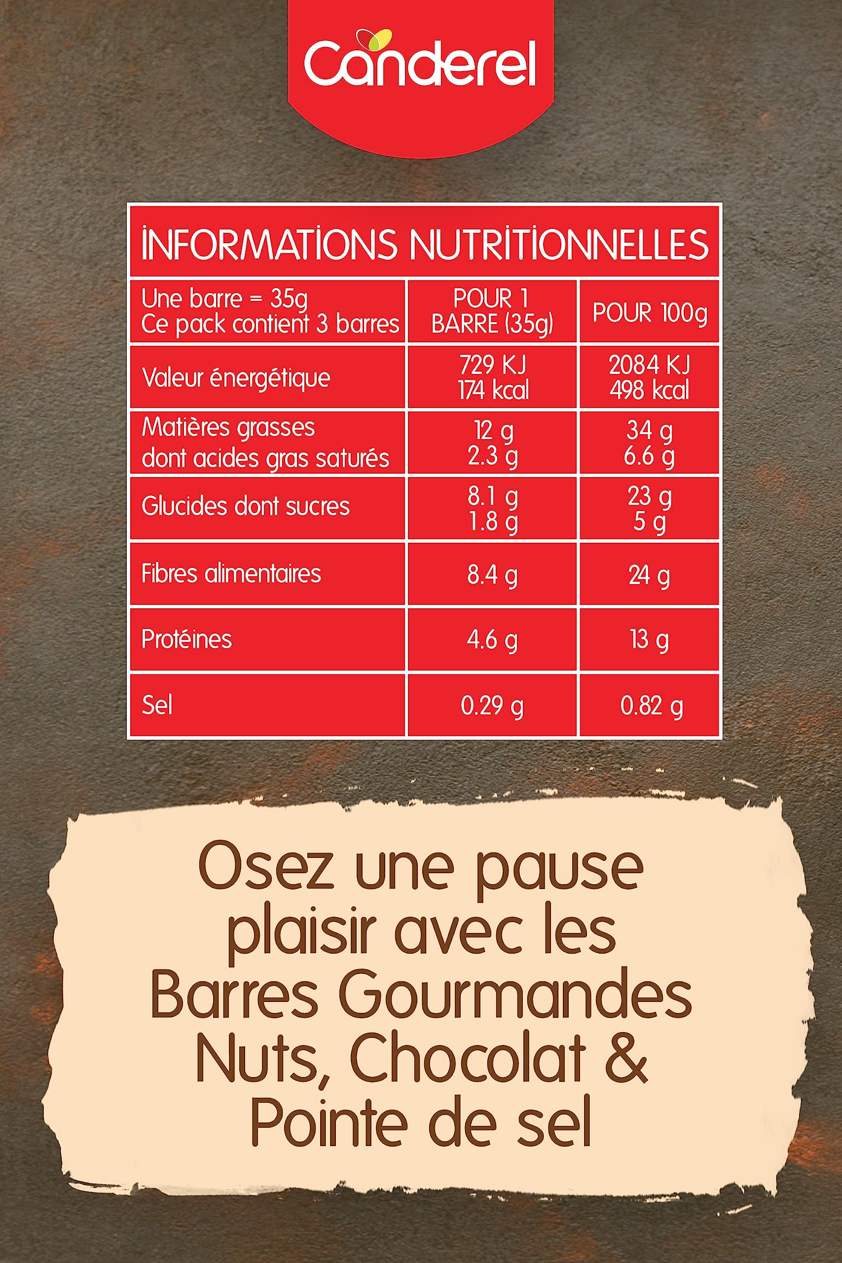 Canderel - Barres Gourmandes Nuts, Chocolat & Pointe de Sel - Riche en fibres - Sans sucré ajouté | 3 x 35g