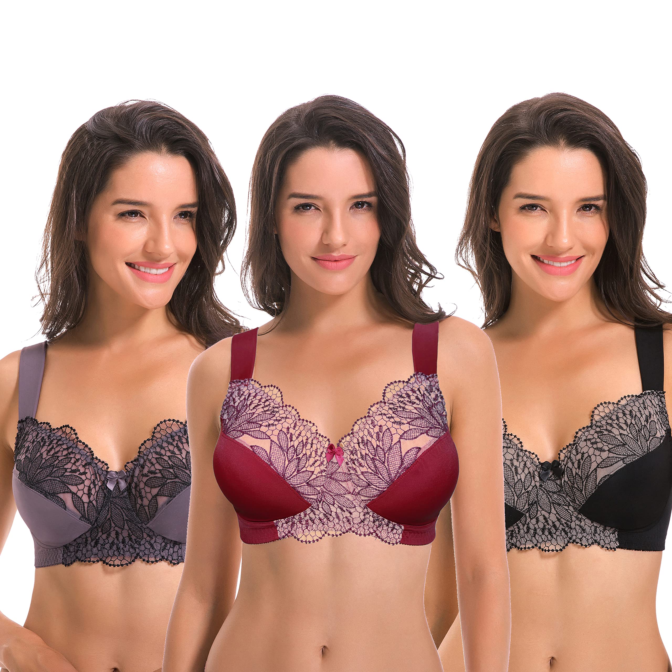 Curve MusePlus Size Unlined Minimizer Wireless Bras with Embroidery Lace-2or3PK